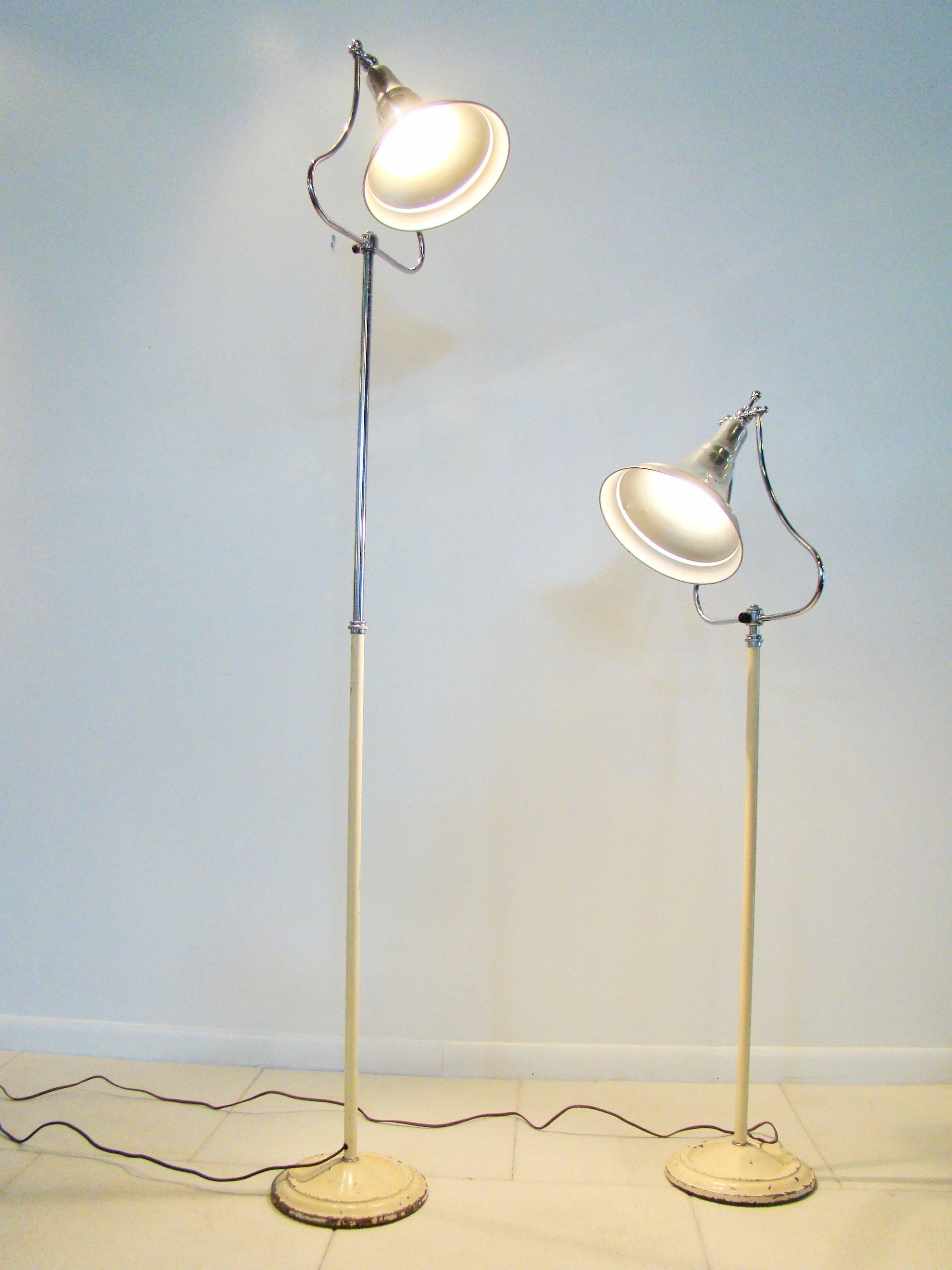 Machine Age Art Deco Industrial Medical Aluminium Chrome Floor Lamps In Good Condition For Sale In Denver, CO