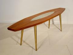 Danish Modern Style Surfboard Coffee Table with Brass Legs and Inlaid Tile