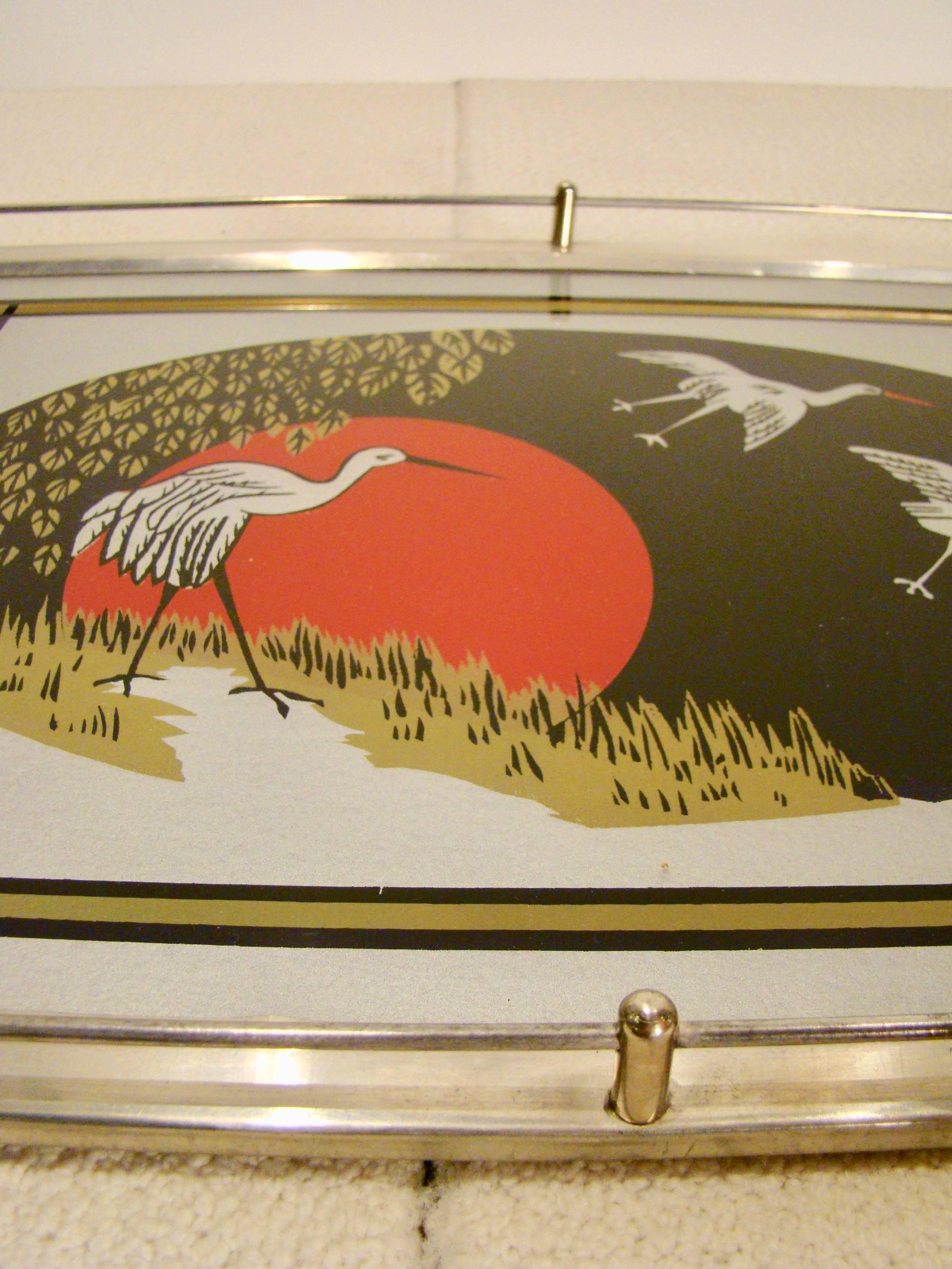 Mid-20th Century Art Deco Reverse Painted Glass and Chrome Cocktail Tray with Cranes