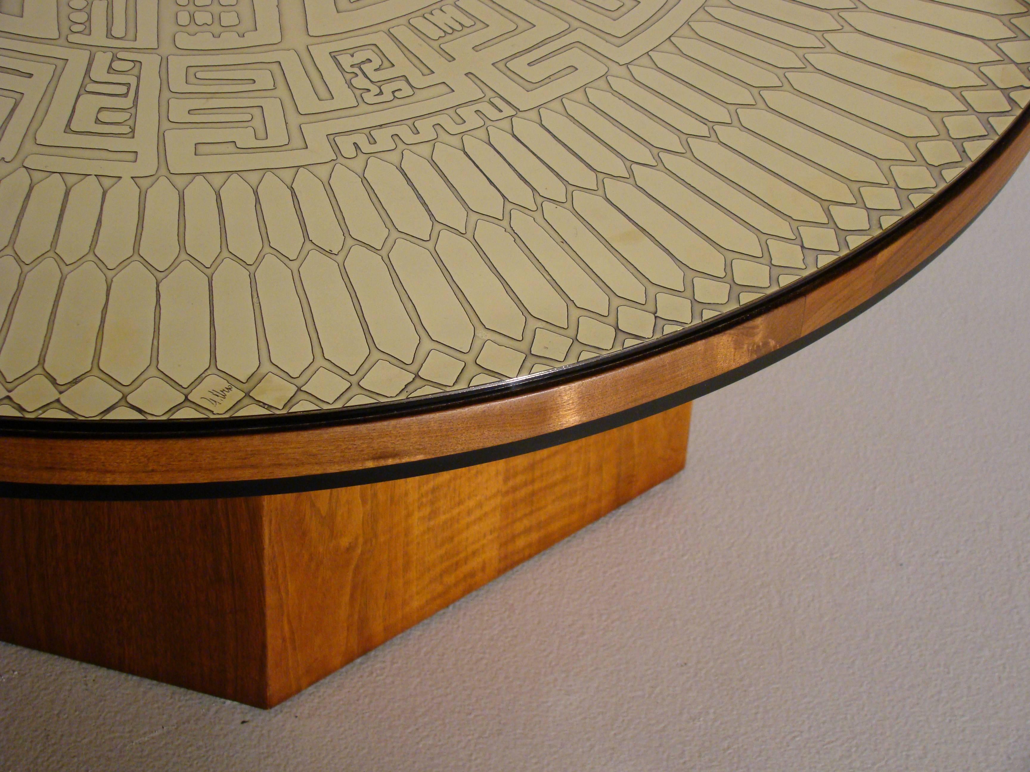 Custom built, highly polished etched coffee table with octagonal walnut base by Fred Kemp. Kemp was a leading figure in the St. Louis architectural scene for over 50 years. He designed and built custom homes with superb quality and craftsmanship in