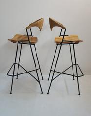 Arthur Umanoff Set of Two Sculptural Bar Stools + Slatted Wood Dry Bar "SATURD