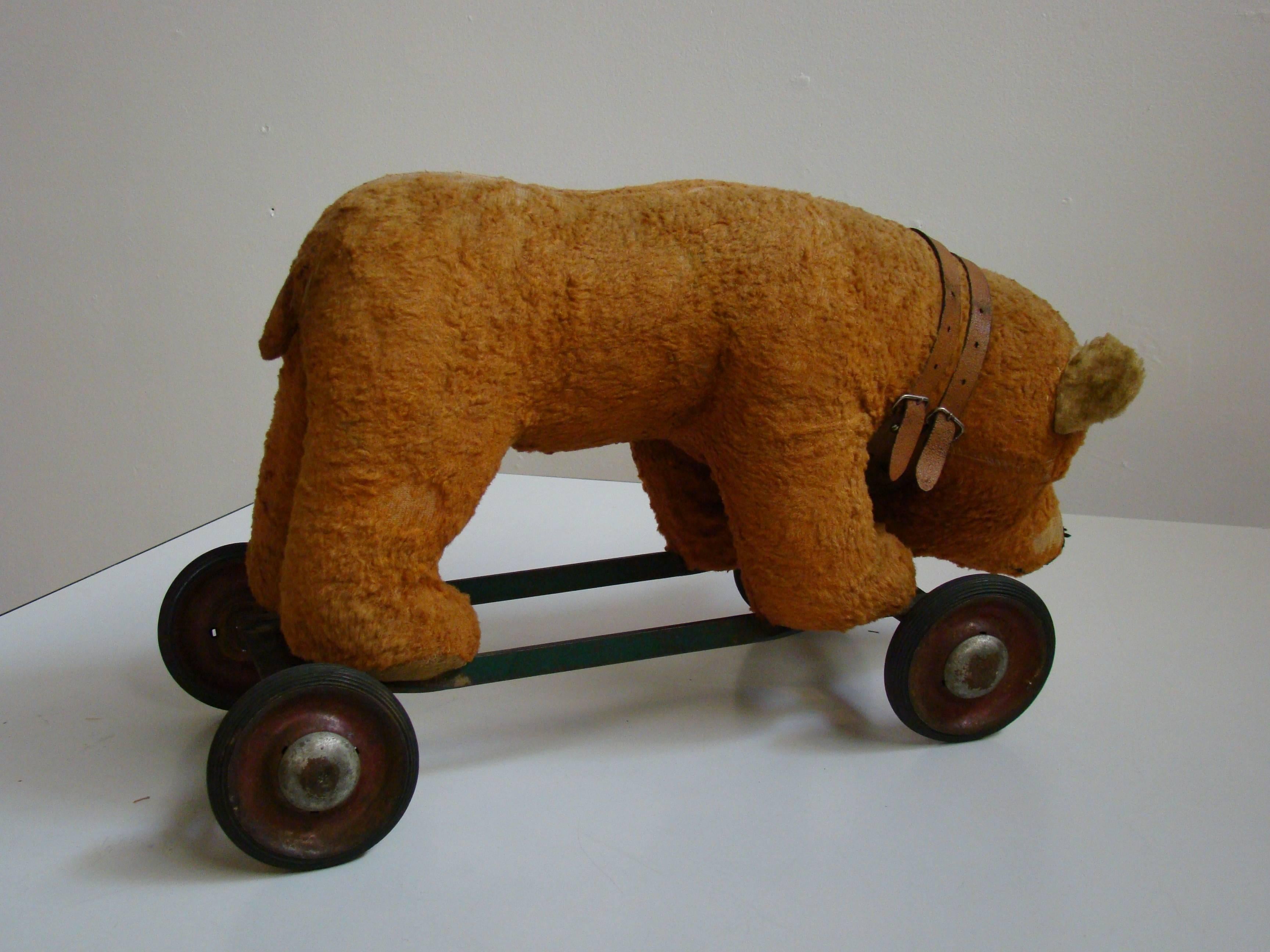 Early 20th century stuffed bear on wheels. Designed originally as a child's riding toy, this bear probably is more functional as a display piece. A wonderful example of early Americana. Although missing a few pieces of fur here and there, all and
