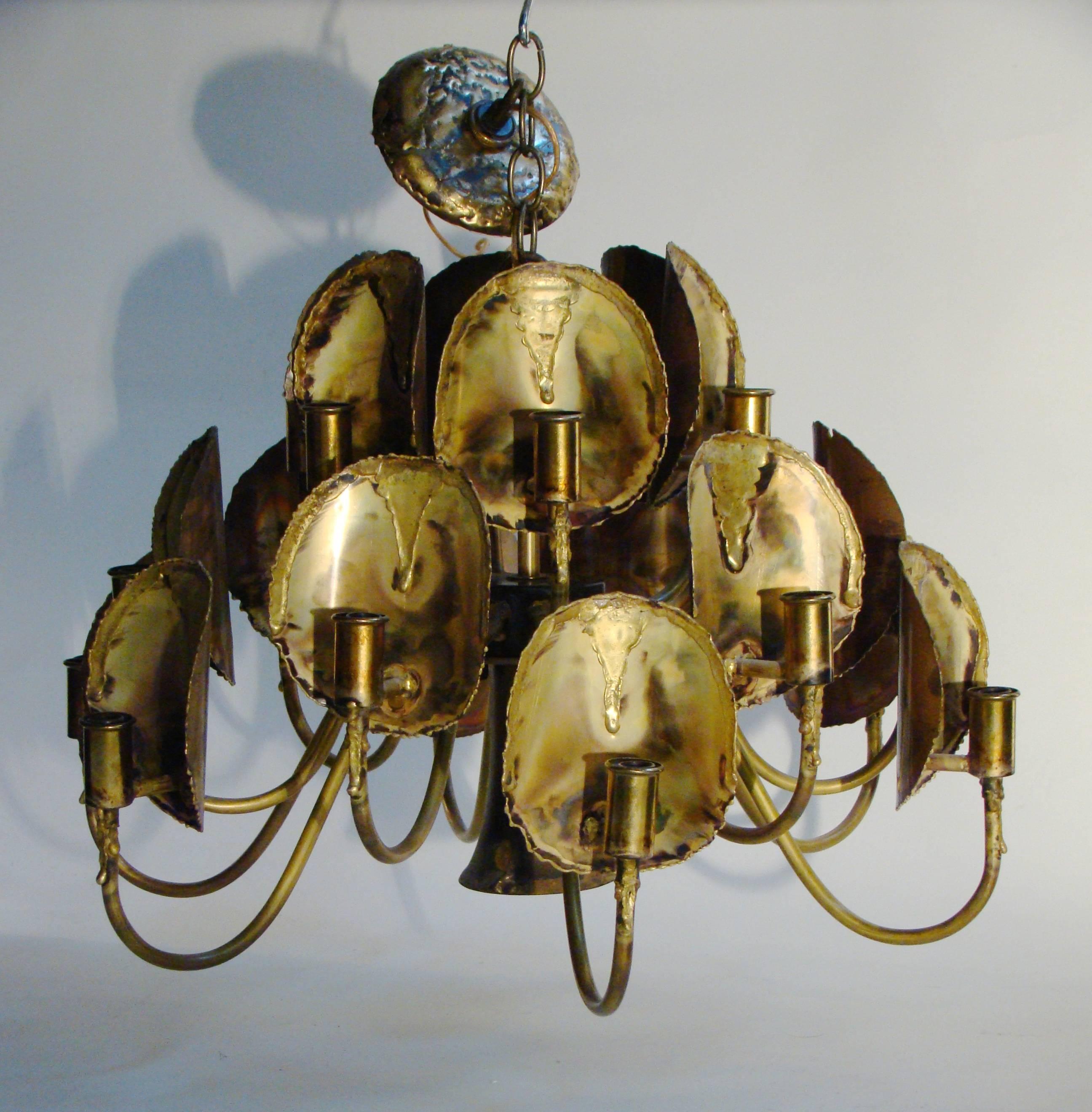 Late 20th Century Tom Greene for the Feldman Co. Brutalist Torch Cut Chandelier For Sale