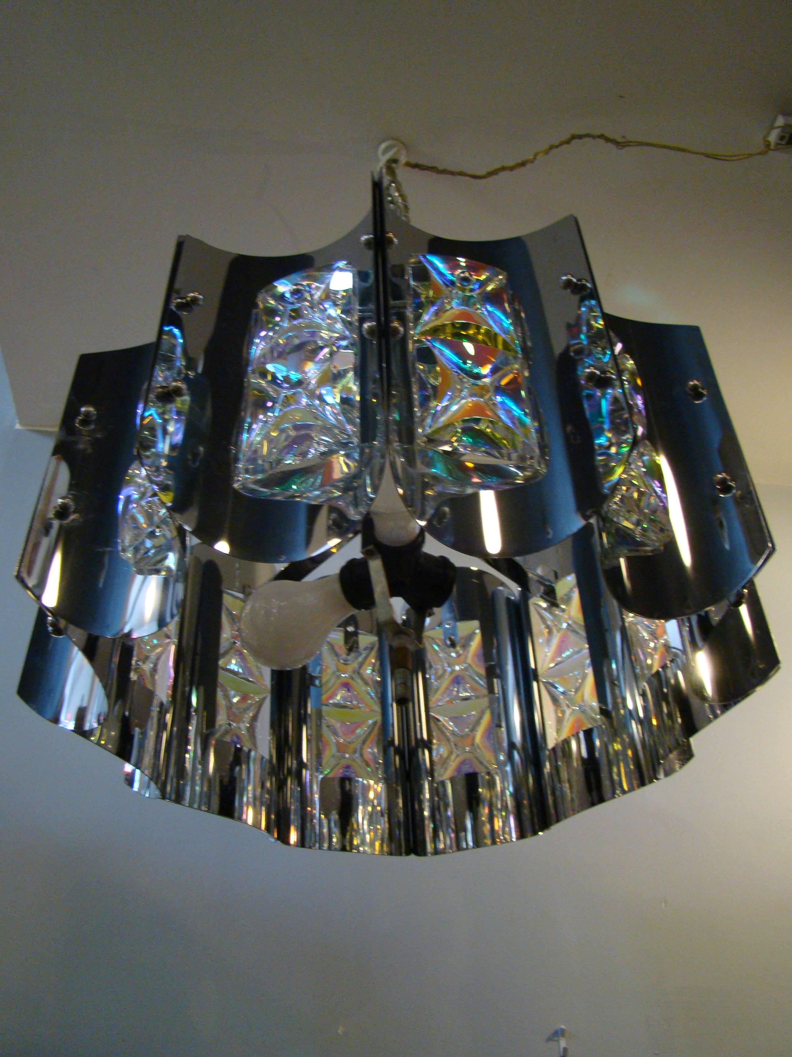 American Stunning Modernist Chrome and Crystal Pendant Light after Sciolari For Sale