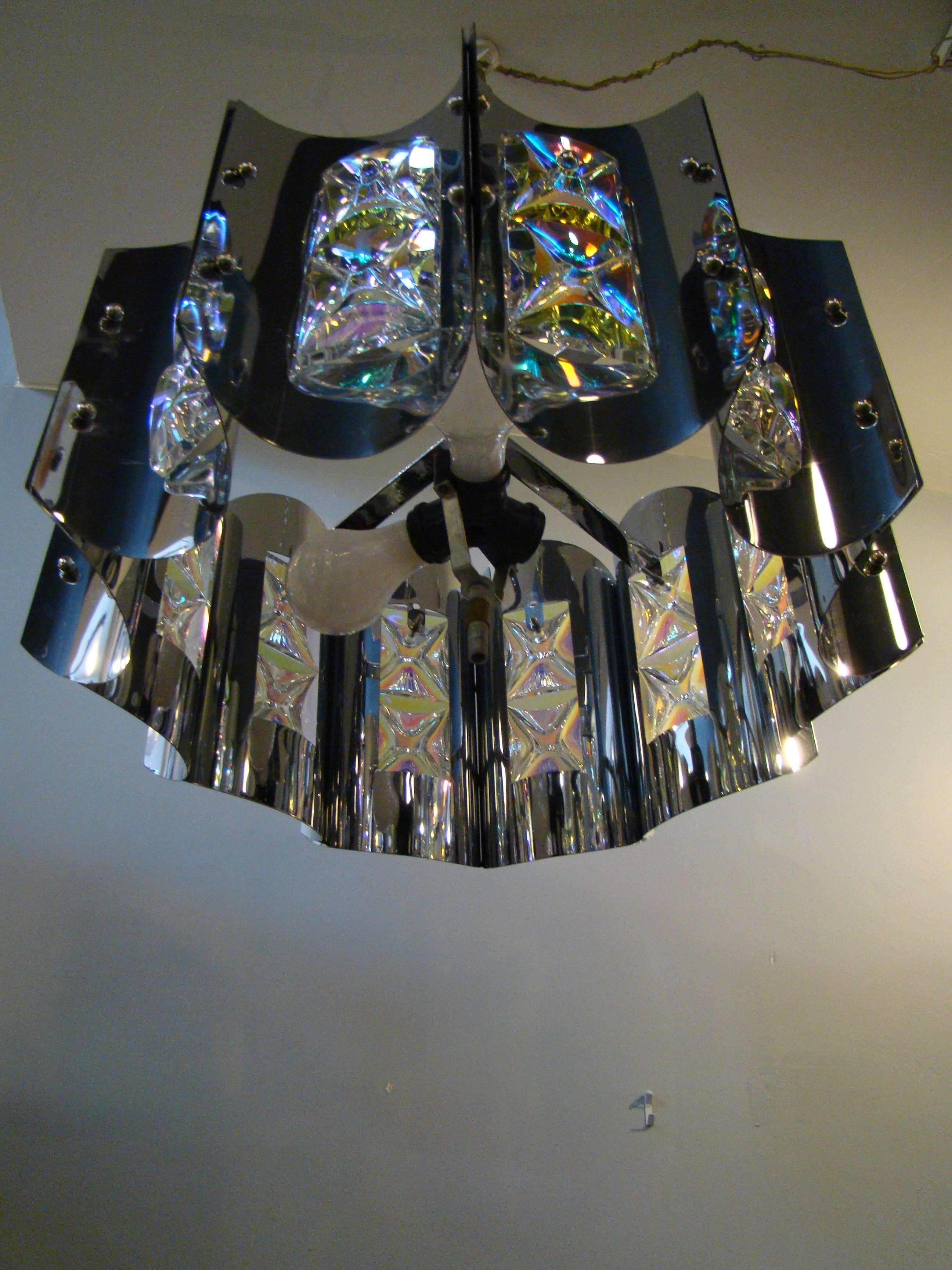 Late 20th Century Stunning Modernist Chrome and Crystal Pendant Light after Sciolari For Sale