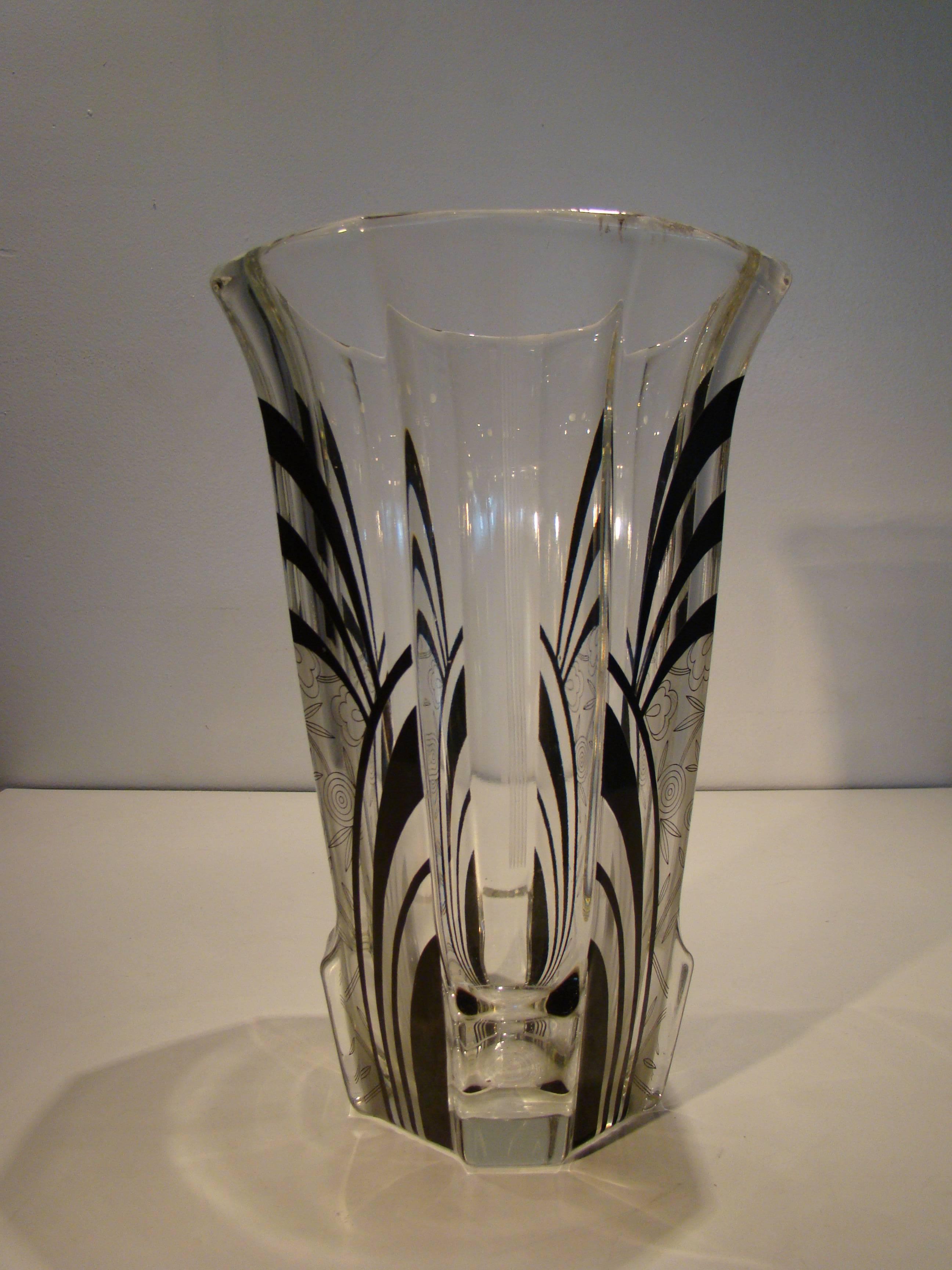 Beautiful and substantial Art Deco geometric vase in the style of Karl Palda. Enamel and acid etch detail adorn this piece. Exquisite period piece.