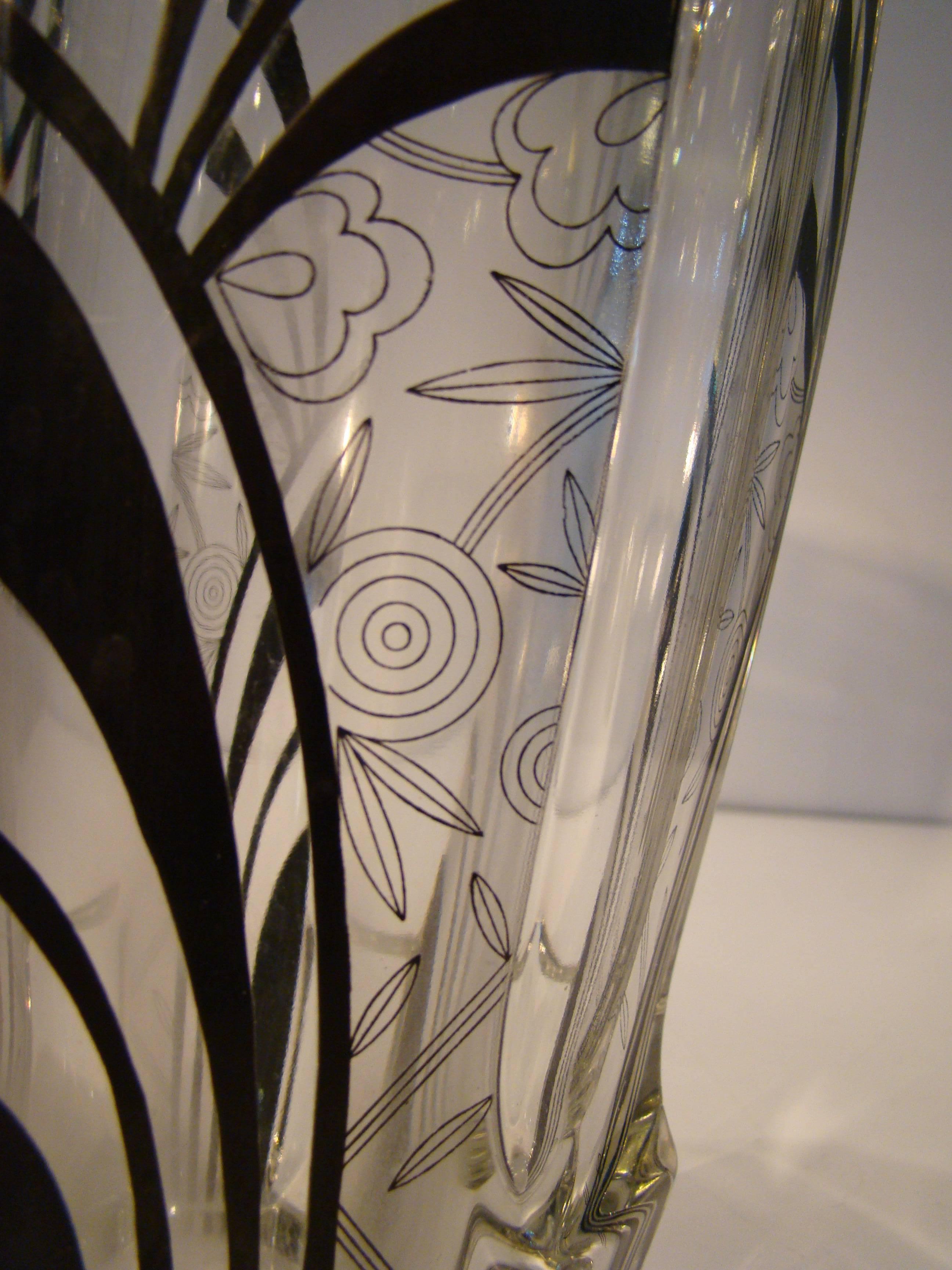 Mid-20th Century Art Deco Machine Age Enamel Acid Etched Geometric Vase After Karl Palda For Sale