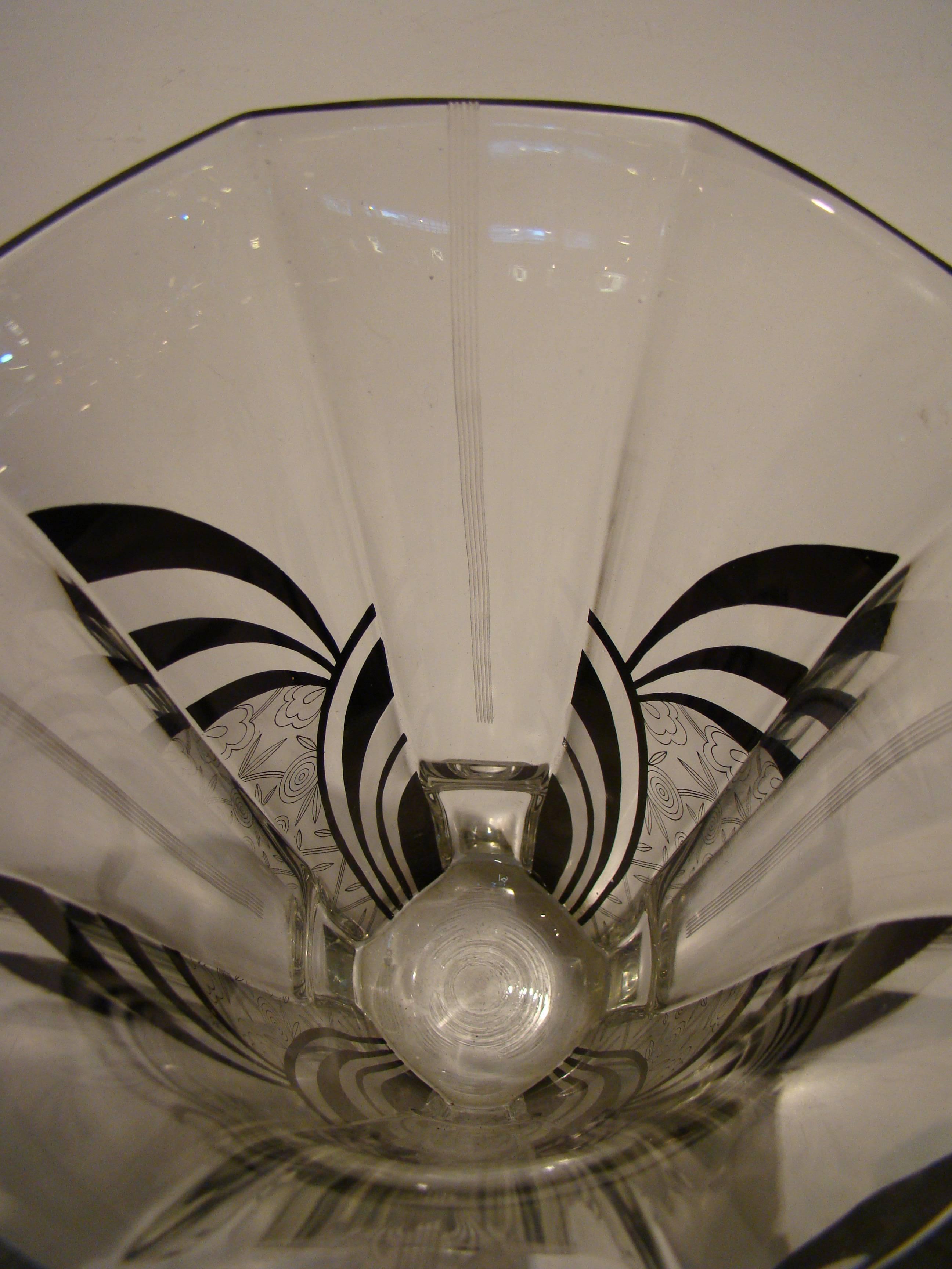 Glass Art Deco Machine Age Enamel Acid Etched Geometric Vase After Karl Palda For Sale