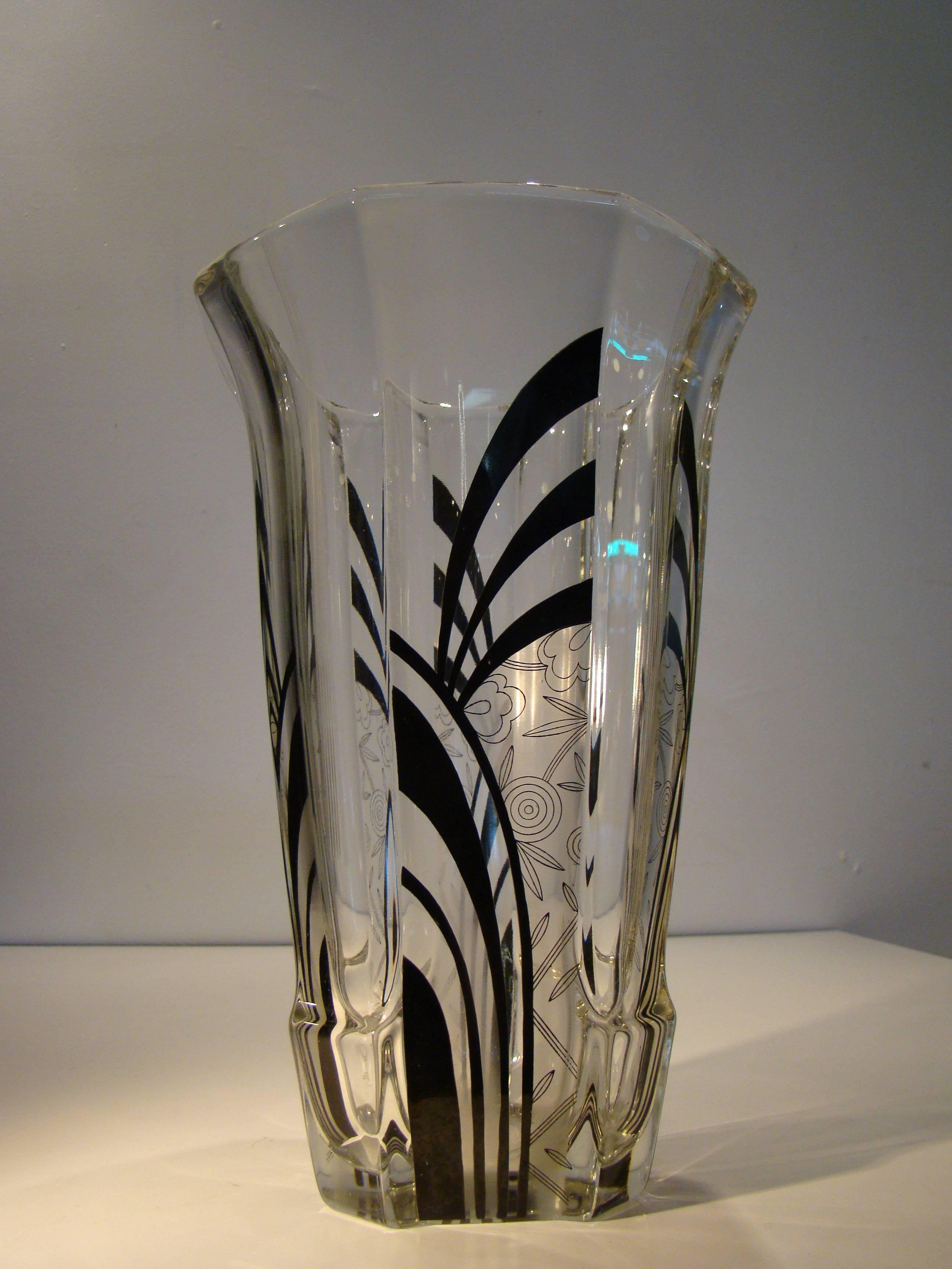 Art Deco Machine Age Enamel Acid Etched Geometric Vase After Karl Palda In Excellent Condition For Sale In Denver, CO