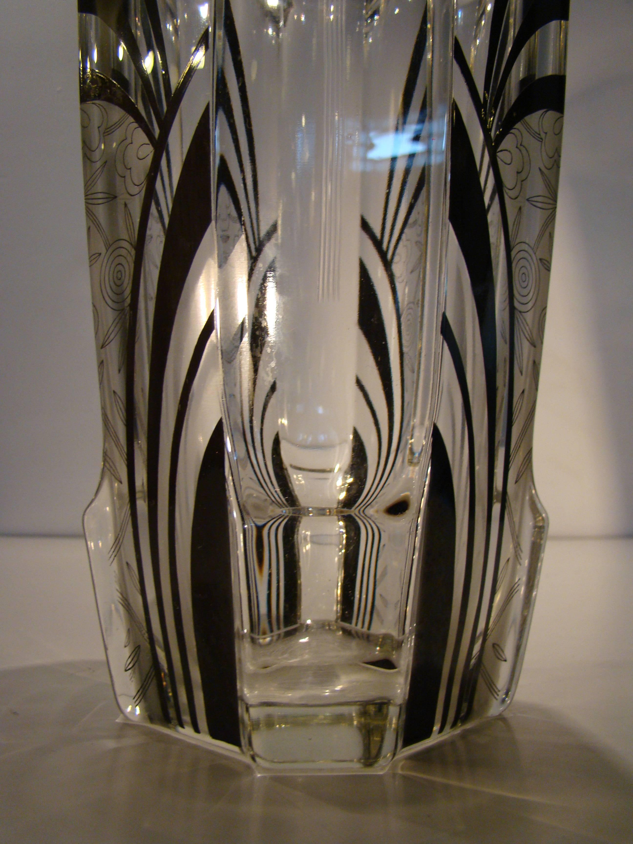 Czech Art Deco Machine Age Enamel Acid Etched Geometric Vase After Karl Palda For Sale