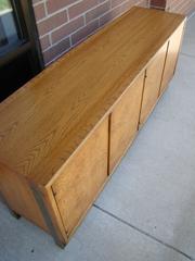 Thomasville Burl Wood Credenza with Double Brass Base After Milo Baughman