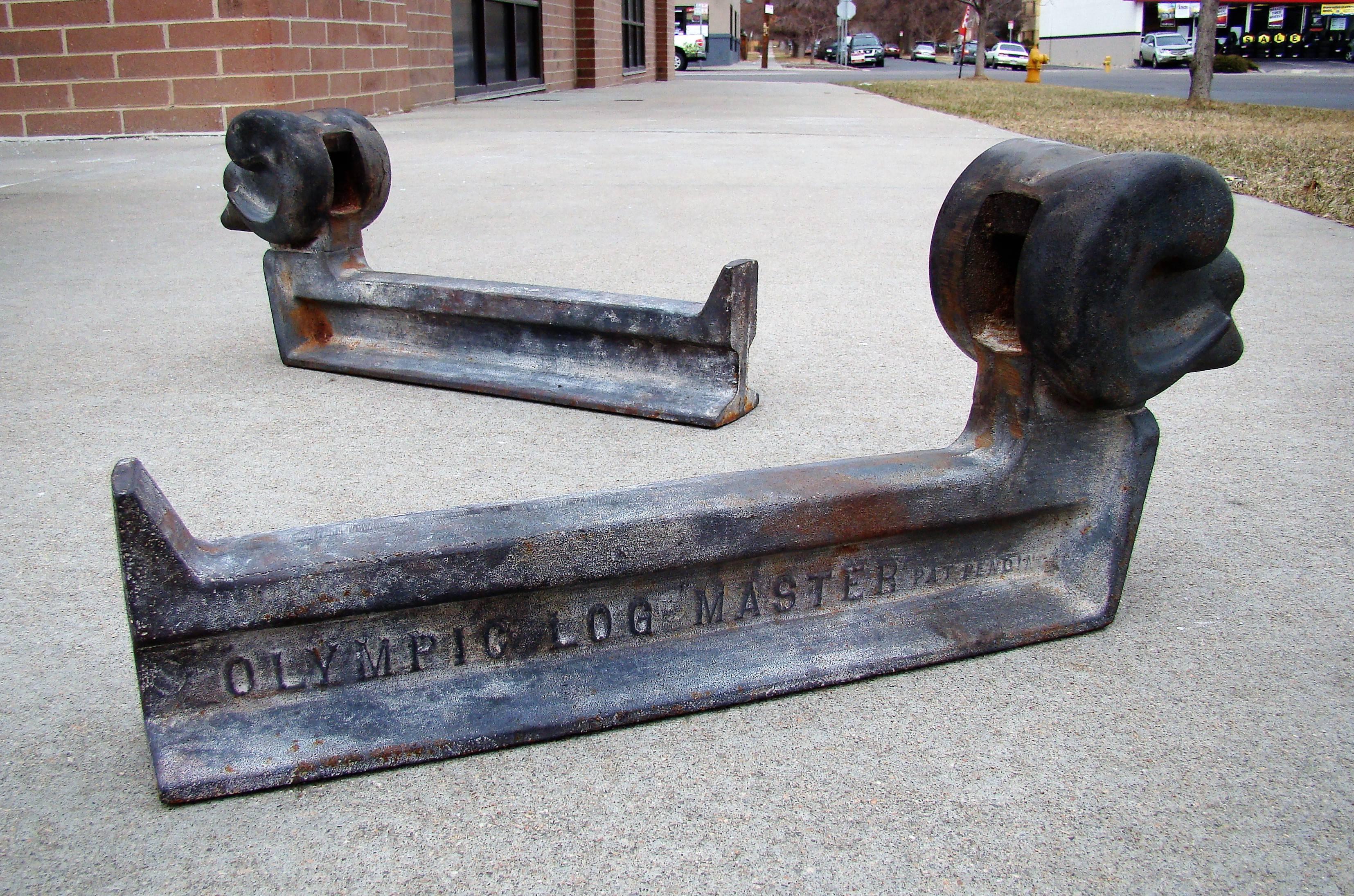 Art Deco Figural Rams Head Cast Iron Set of Fireplace Andirons, circa 1930s In Good Condition For Sale In Denver, CO