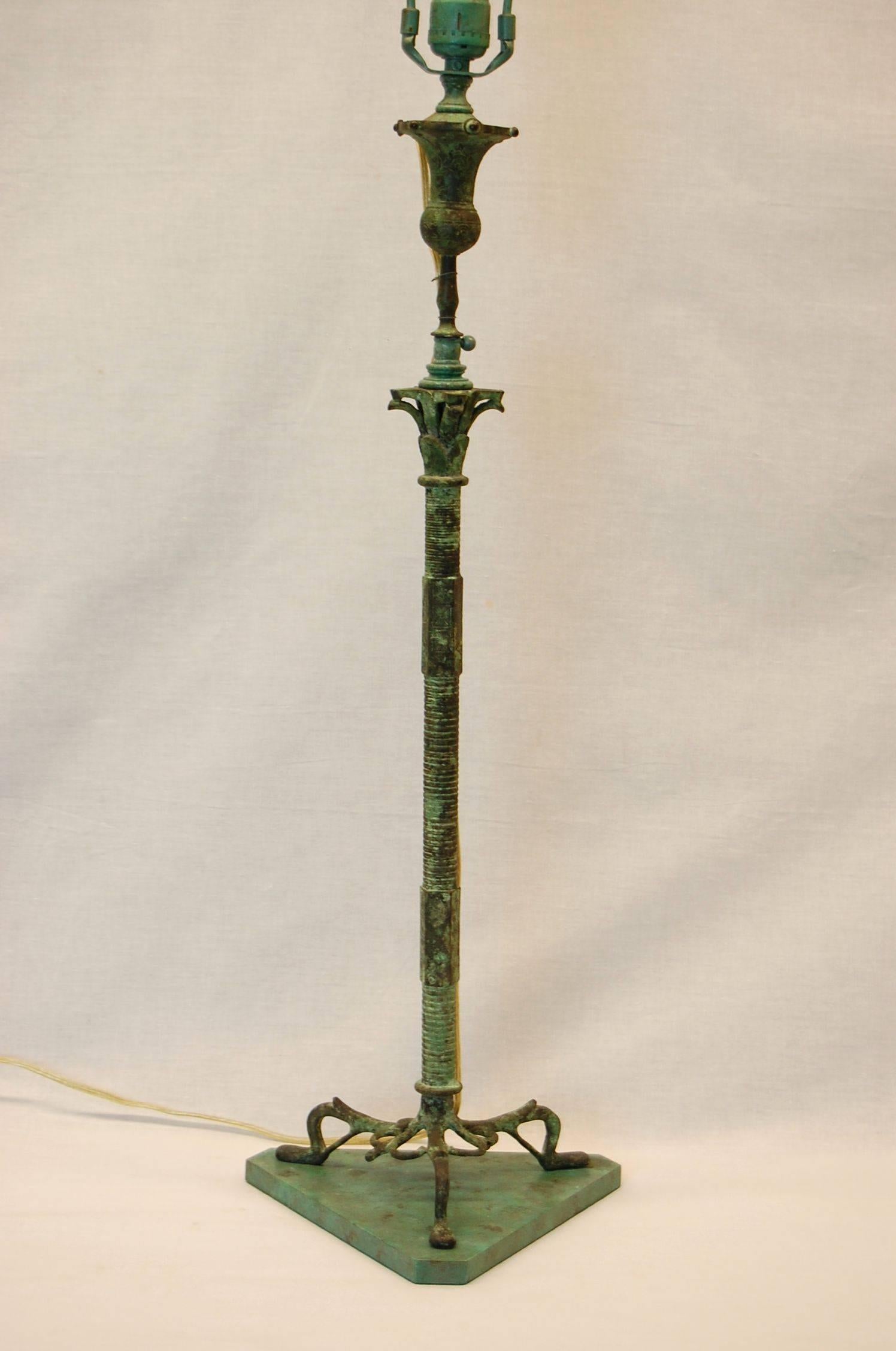 This adjustable candelabrum stands 24 1/2 inches tall, (without any of the modern attachments) and extends higher by using the small thumbturn @ the top of the candlestick. (Shade height is 34 inches above the tabletop) Wired as a lamp w/ three-way