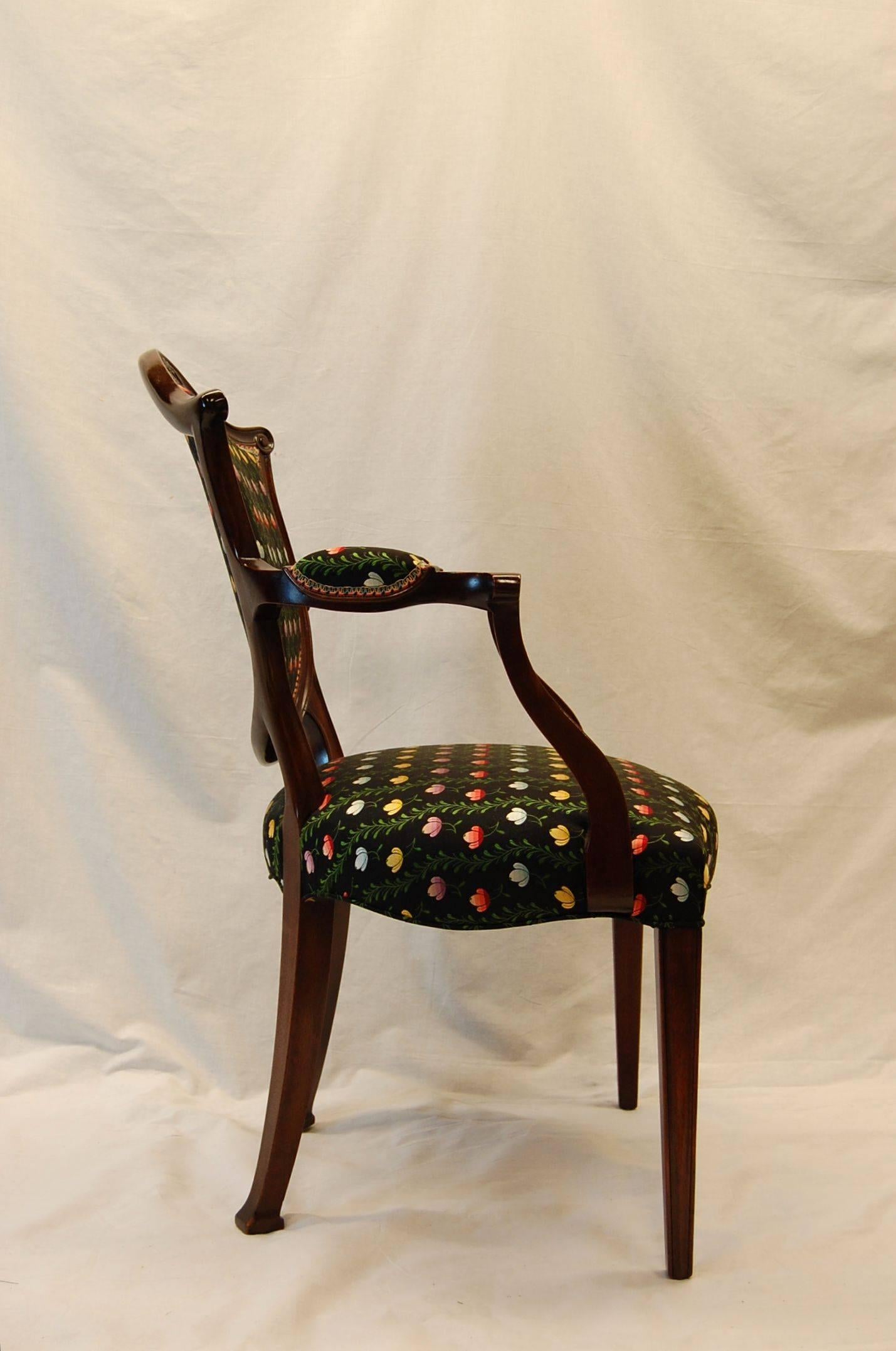 Hand-Crafted Hepplewhite Style Mahogany Open-Arm Chair Covered in Silk Brocade For Sale