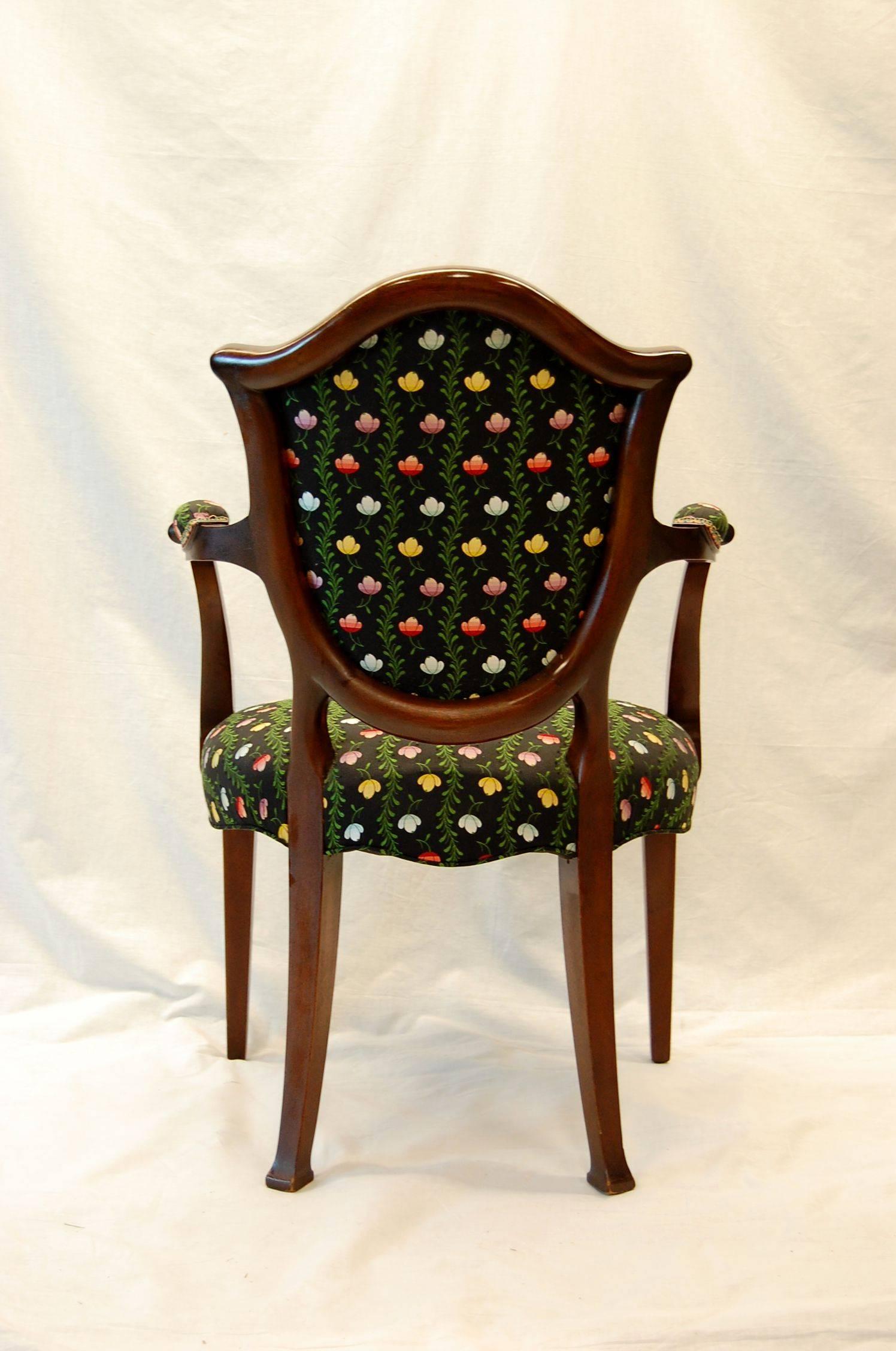 Hepplewhite Style Mahogany Open-Arm Chair Covered in Silk Brocade In Excellent Condition For Sale In Pittsburgh, PA