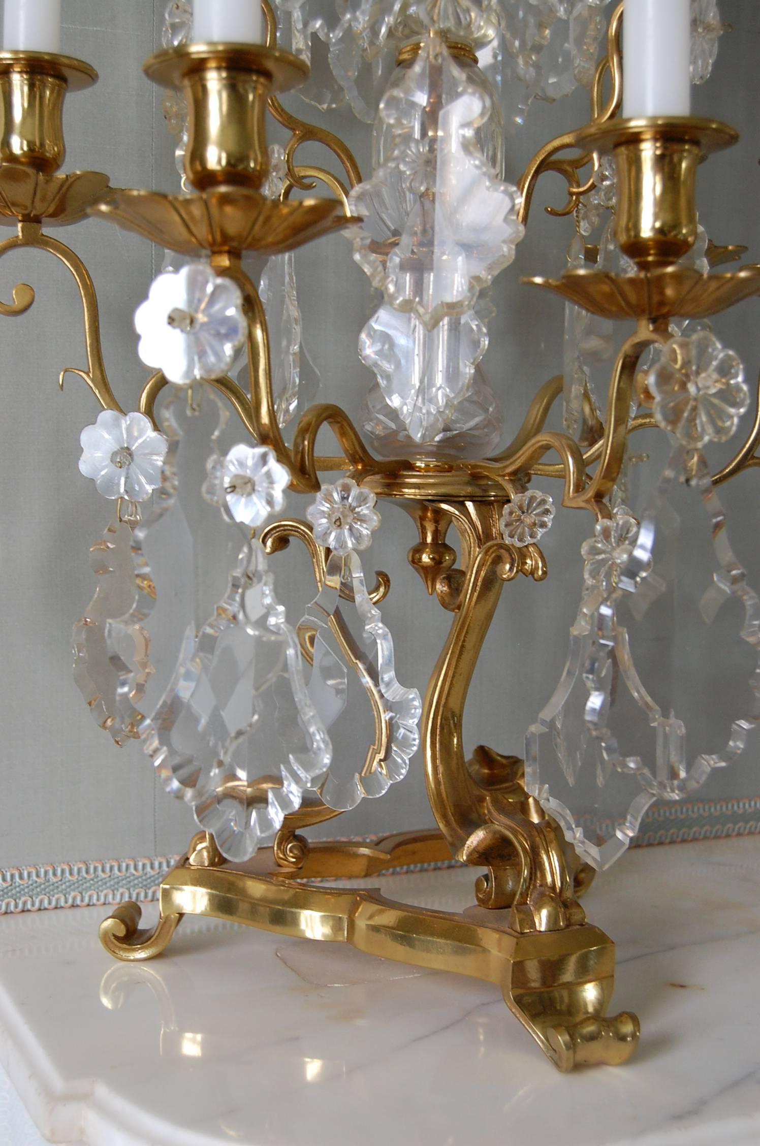 Monumental Pair of Antique French Gilt Bronze and Crystal Girandole Candelabra In Excellent Condition For Sale In Pittsburgh, PA