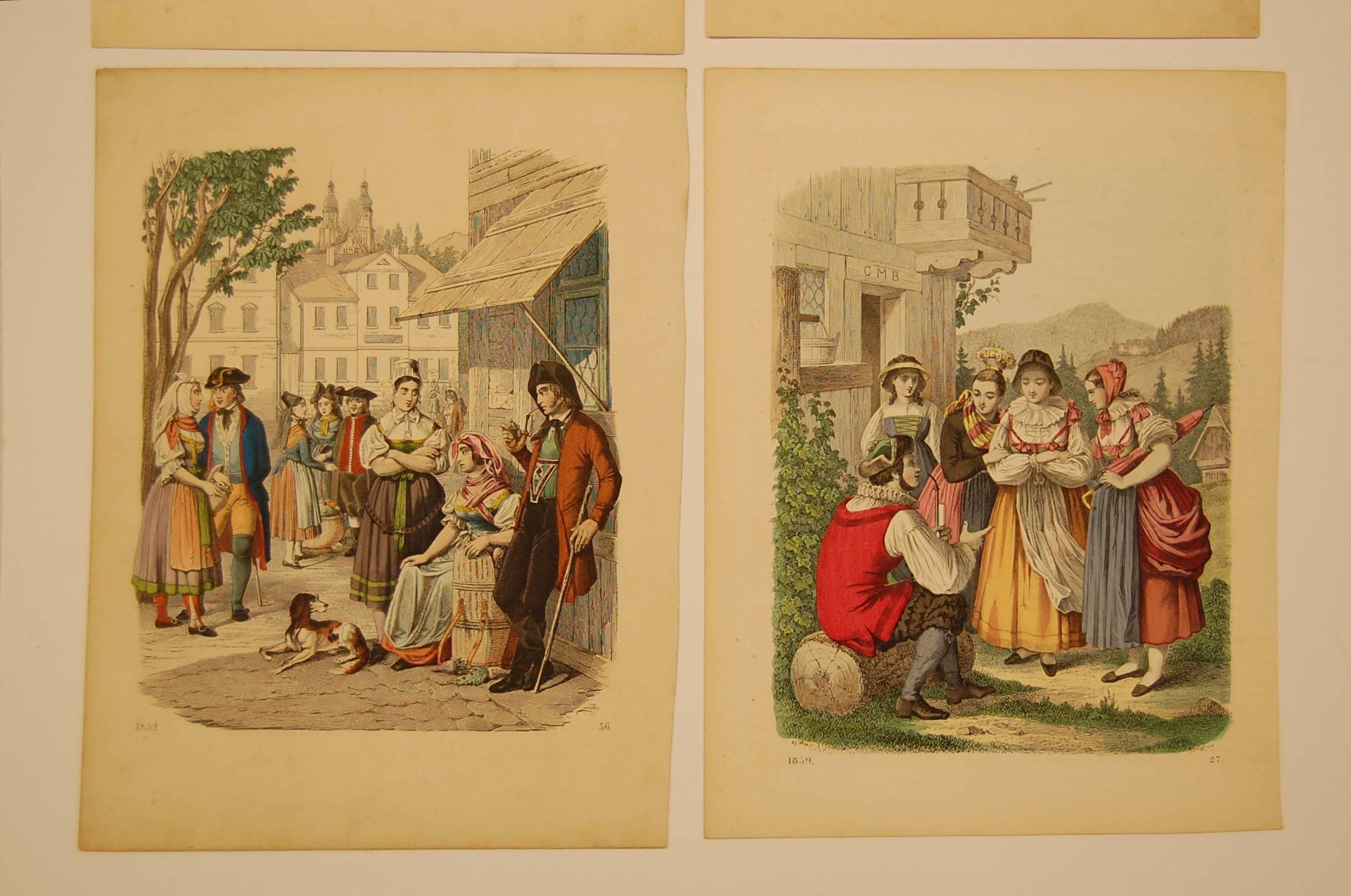 Early Victorian Set of Four Hand Colored 19th Century Prints Depicting European Villages For Sale