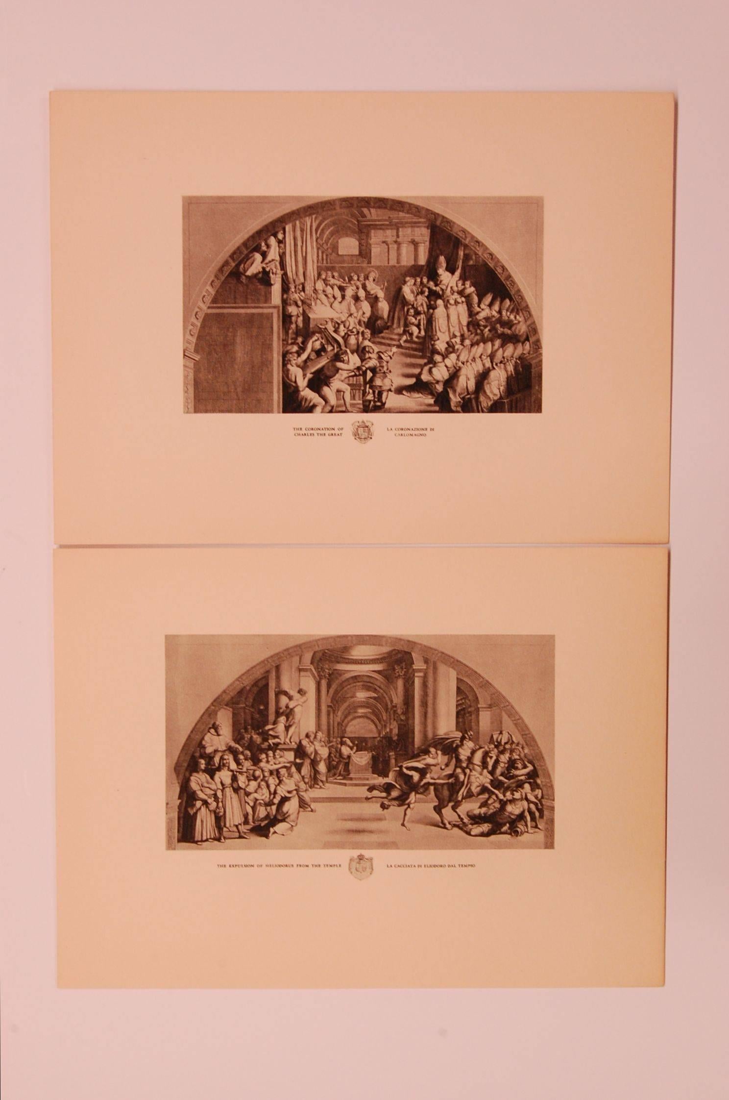 Eight modern prints measuring 9.5 inches x 13 inches overall, each depicting a different scene of ancient Rome, "Mount Parnassus", "Defeat of the Saracens", "Expulsion of Heliodorus", "Coronation of Charles the