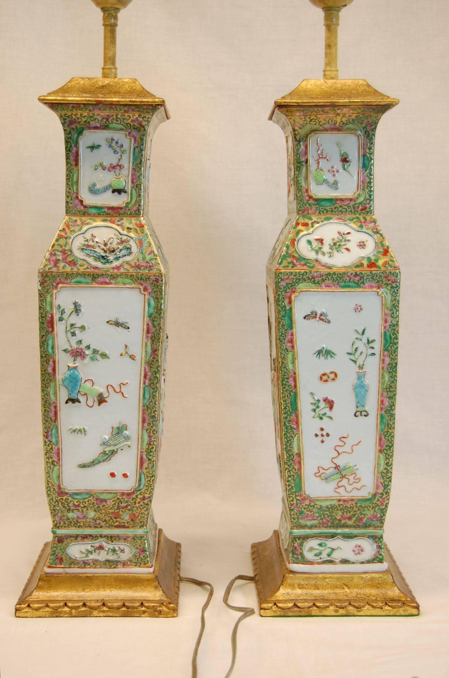 Hand-Crafted Pair  of 19th Century Chinese Urn Lamps With Custom Silk Shades For Sale