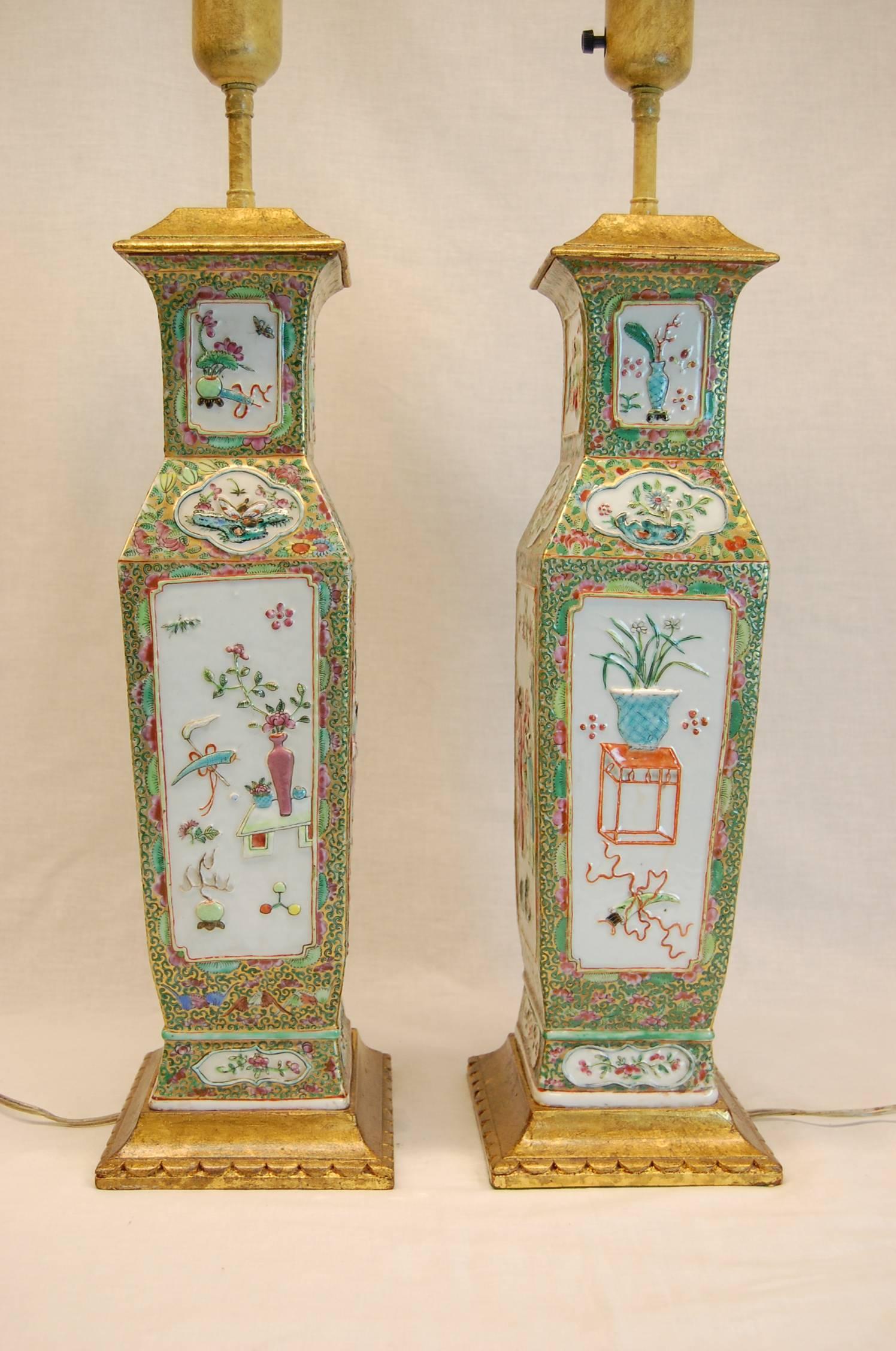 Porcelain Pair  of 19th Century Chinese Urn Lamps With Custom Silk Shades For Sale