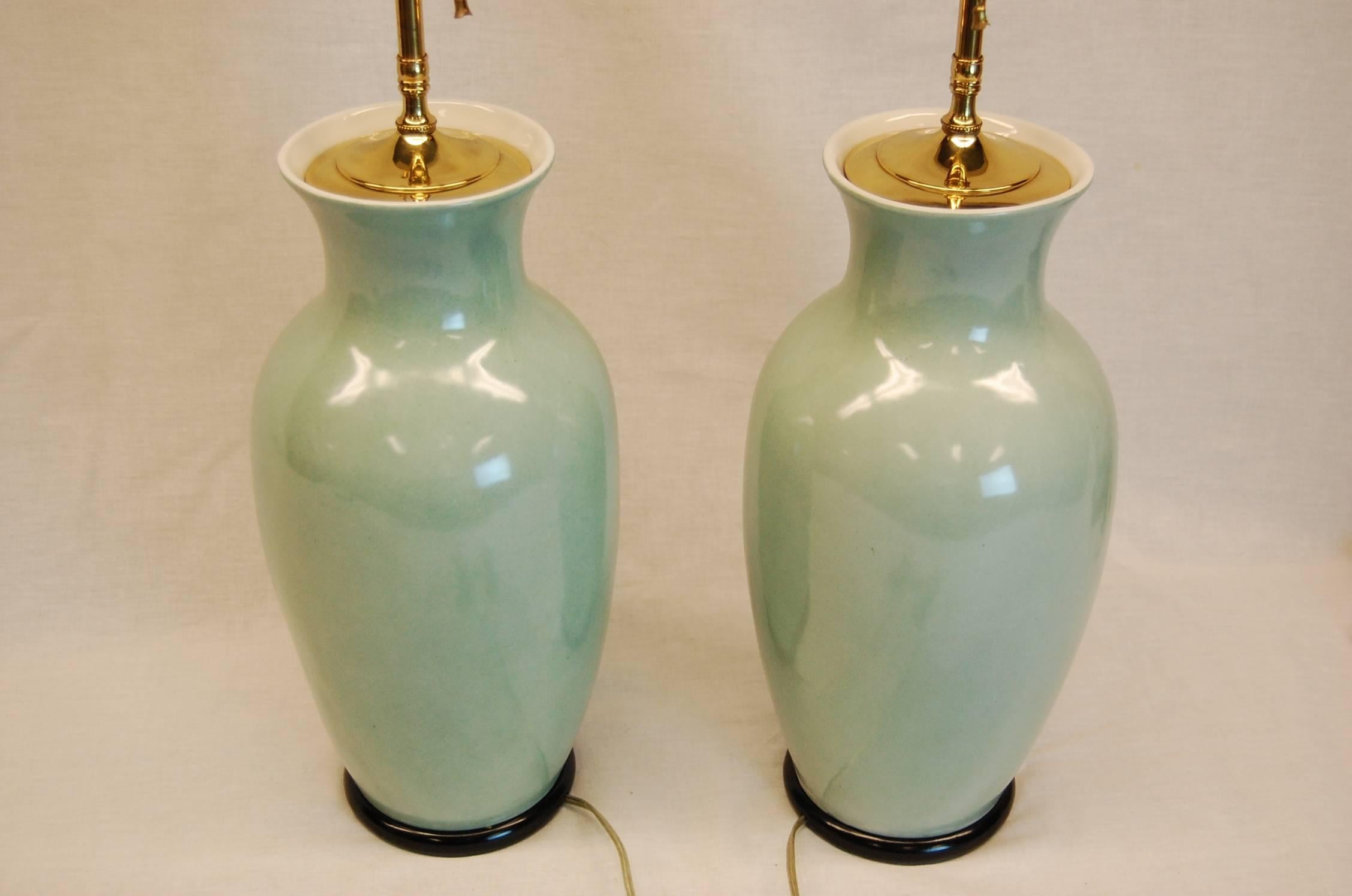 Hand-Crafted Pair of Early 20th Century Pale Celadon Chinese Urns Wired as Lamps