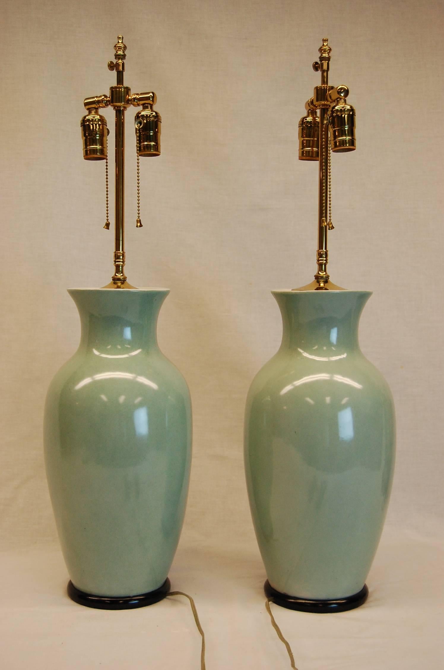 Other Pair of Early 20th Century Pale Celadon Chinese Urns Wired as Lamps