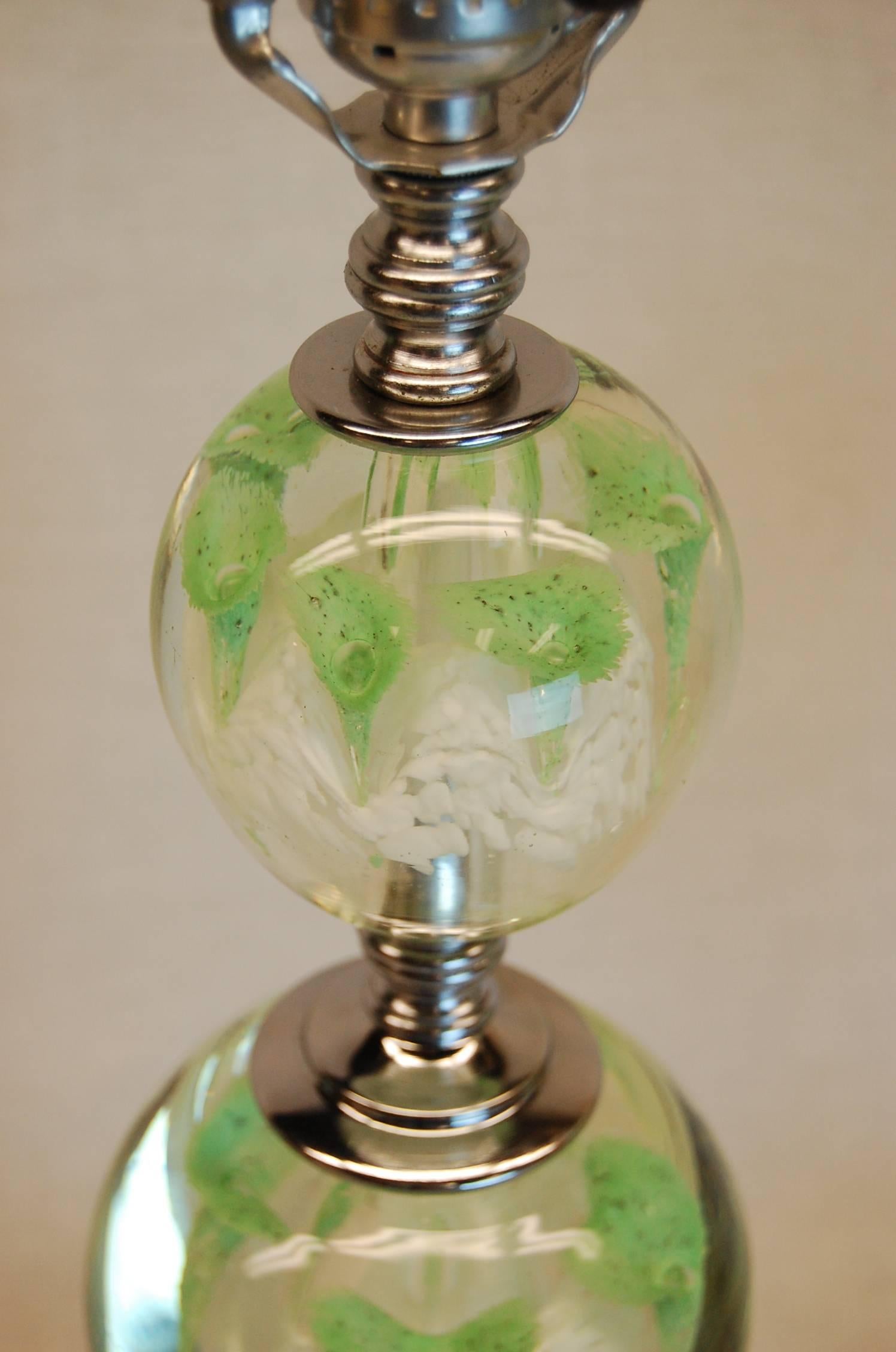 Hand-Crafted Pair of Art Deco Lamps with Art Glass Floral Balls & Custom Silk Lampshades For Sale
