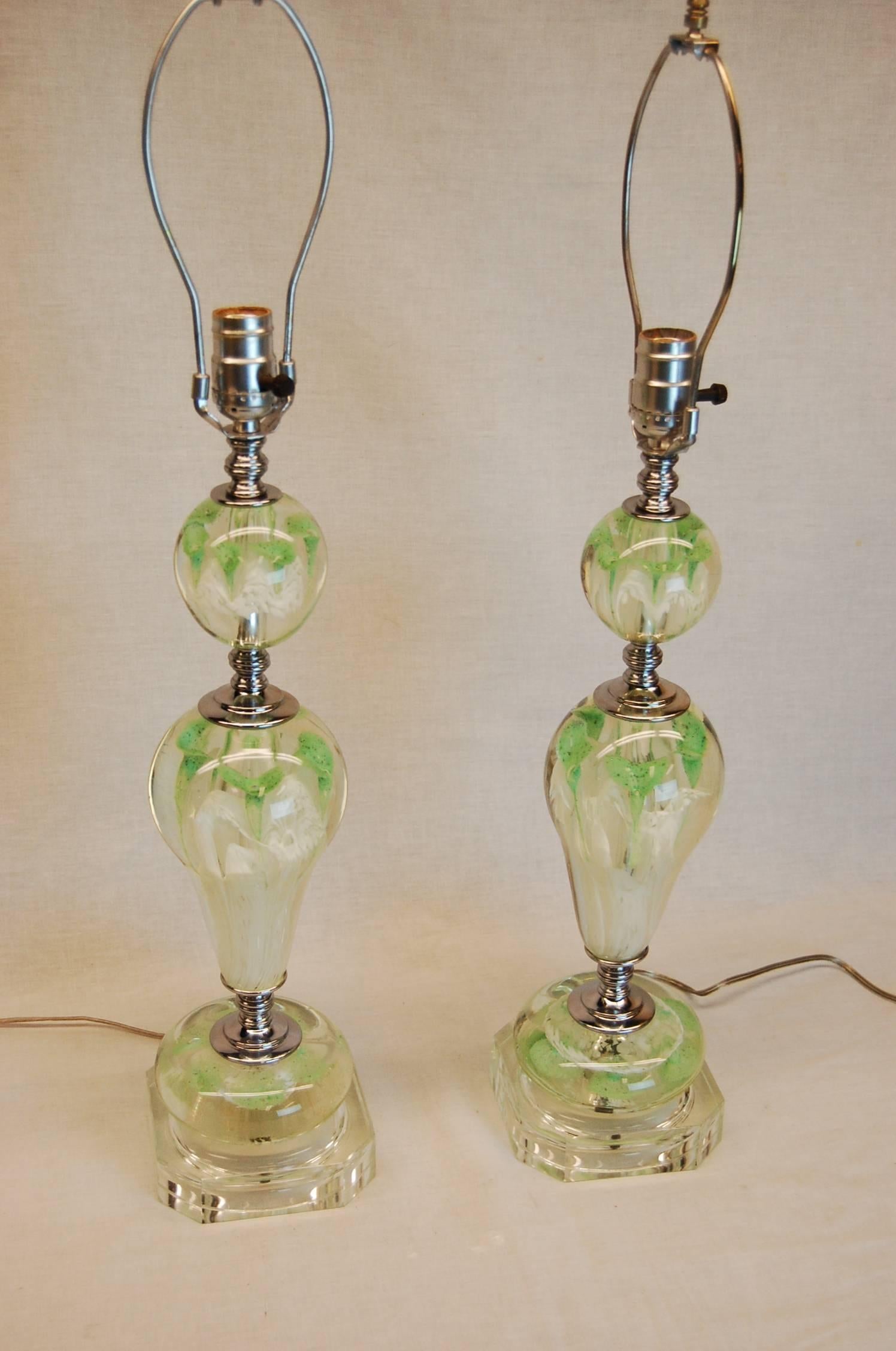 American Pair of Art Deco Lamps with Art Glass Floral Balls & Custom Silk Lampshades For Sale