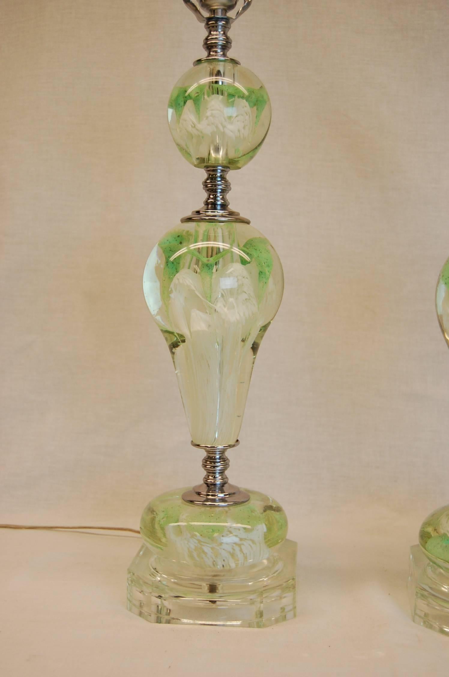 Pair of Art Deco Lamps with Art Glass Floral Balls & Custom Silk Lampshades For Sale 1