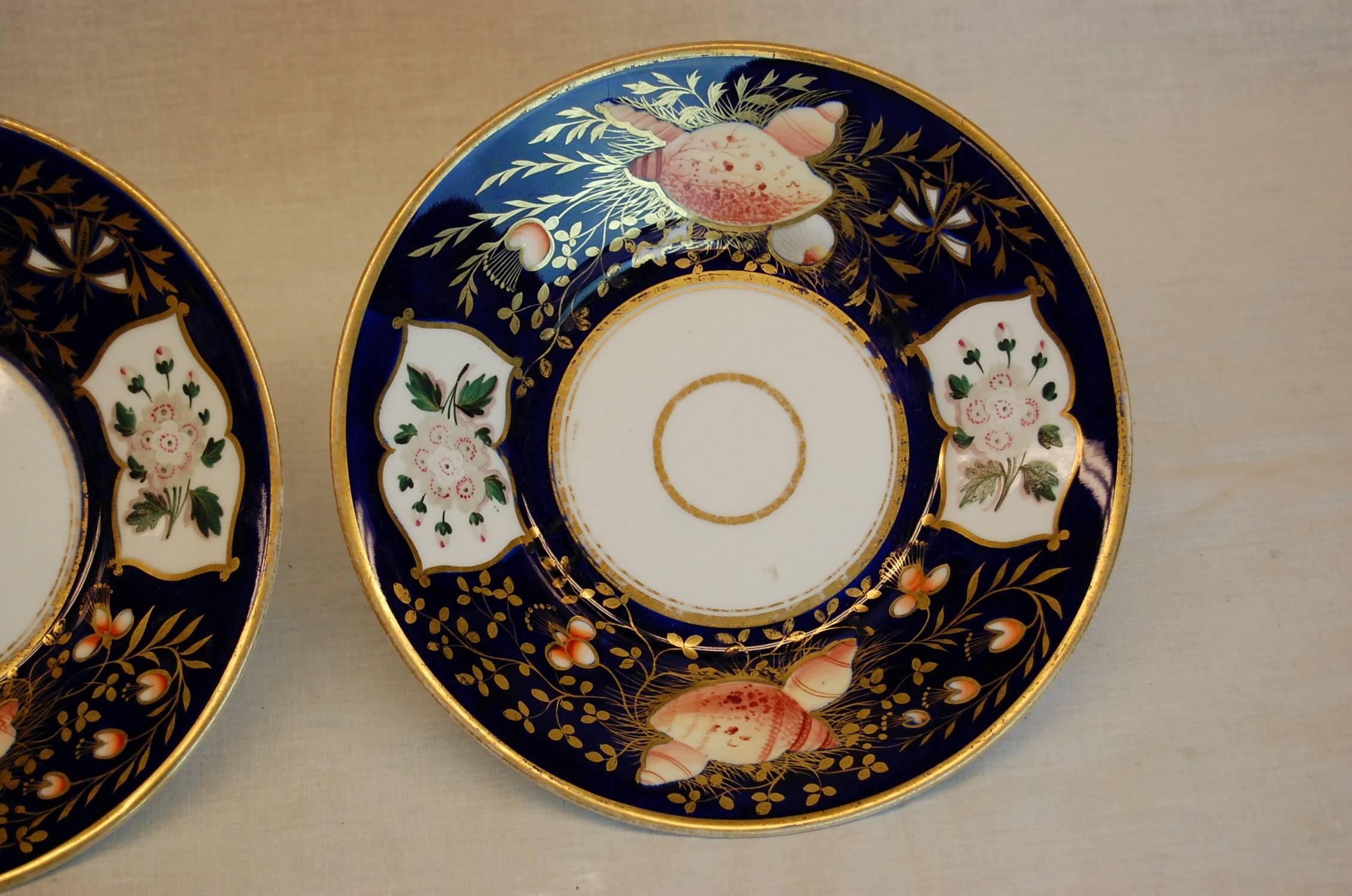 Early Victorian Pair Cobalt Blue Porcelain Plates w/ Seashell and Floral Motif, mid-19th Century