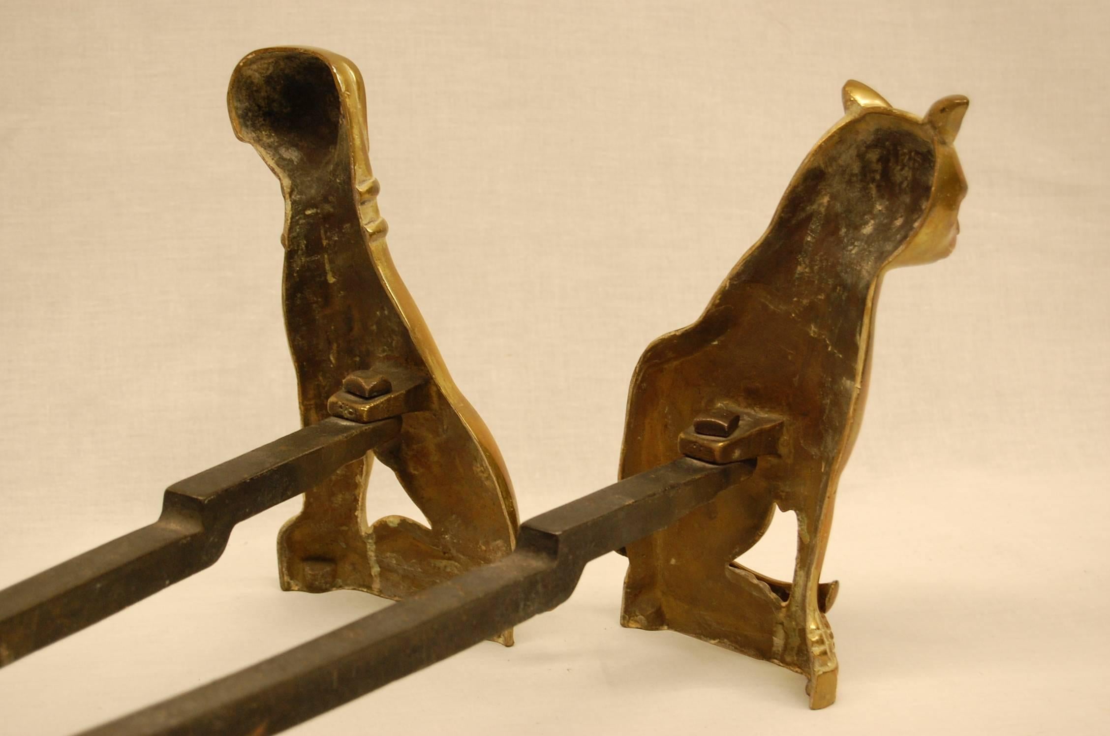 Cast Pair of Solid Brass 19th Century Andirons in Cat and Dog Figures