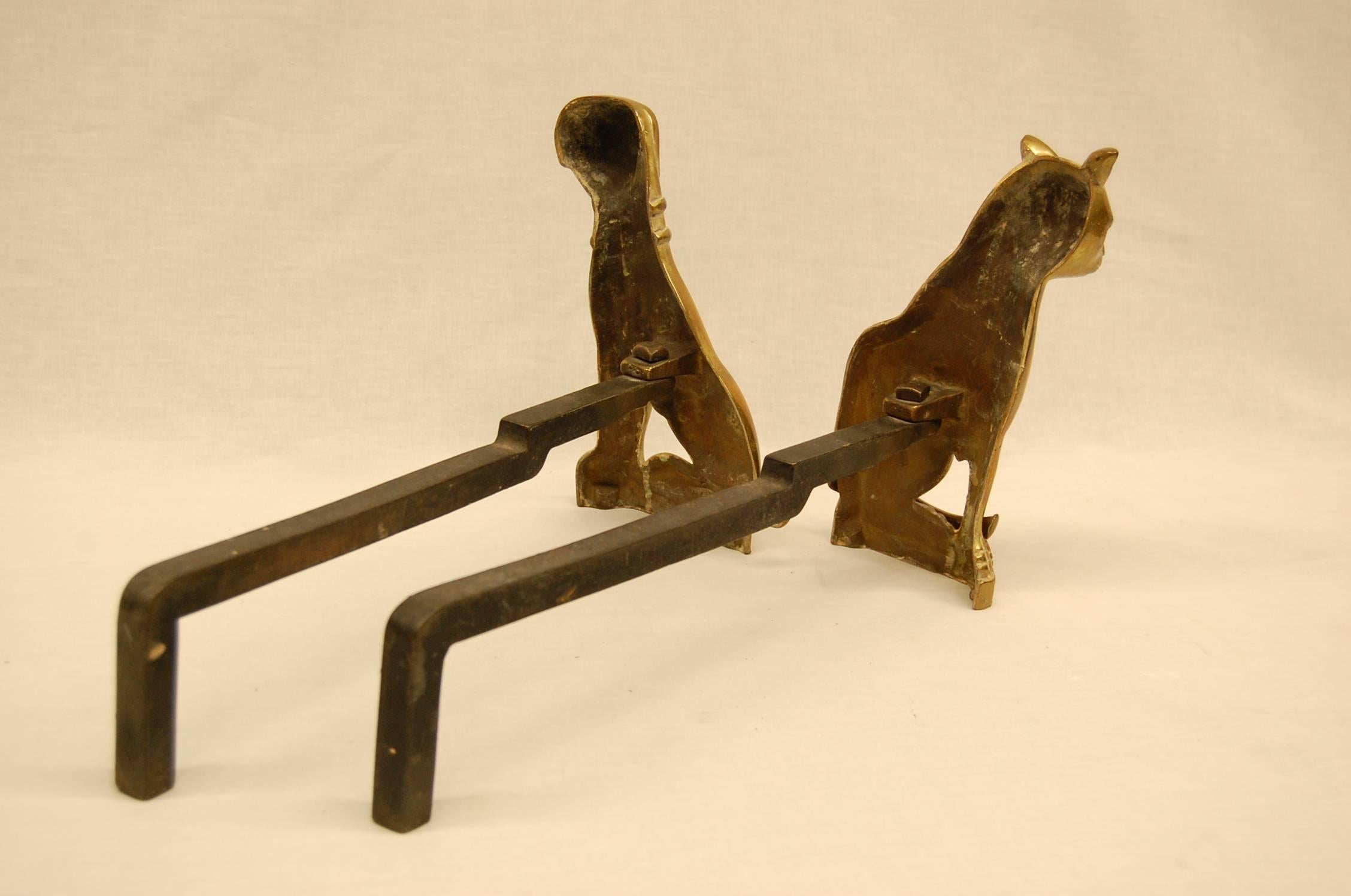 Pair of Solid Brass 19th Century Andirons in Cat and Dog Figures In Excellent Condition In Pittsburgh, PA