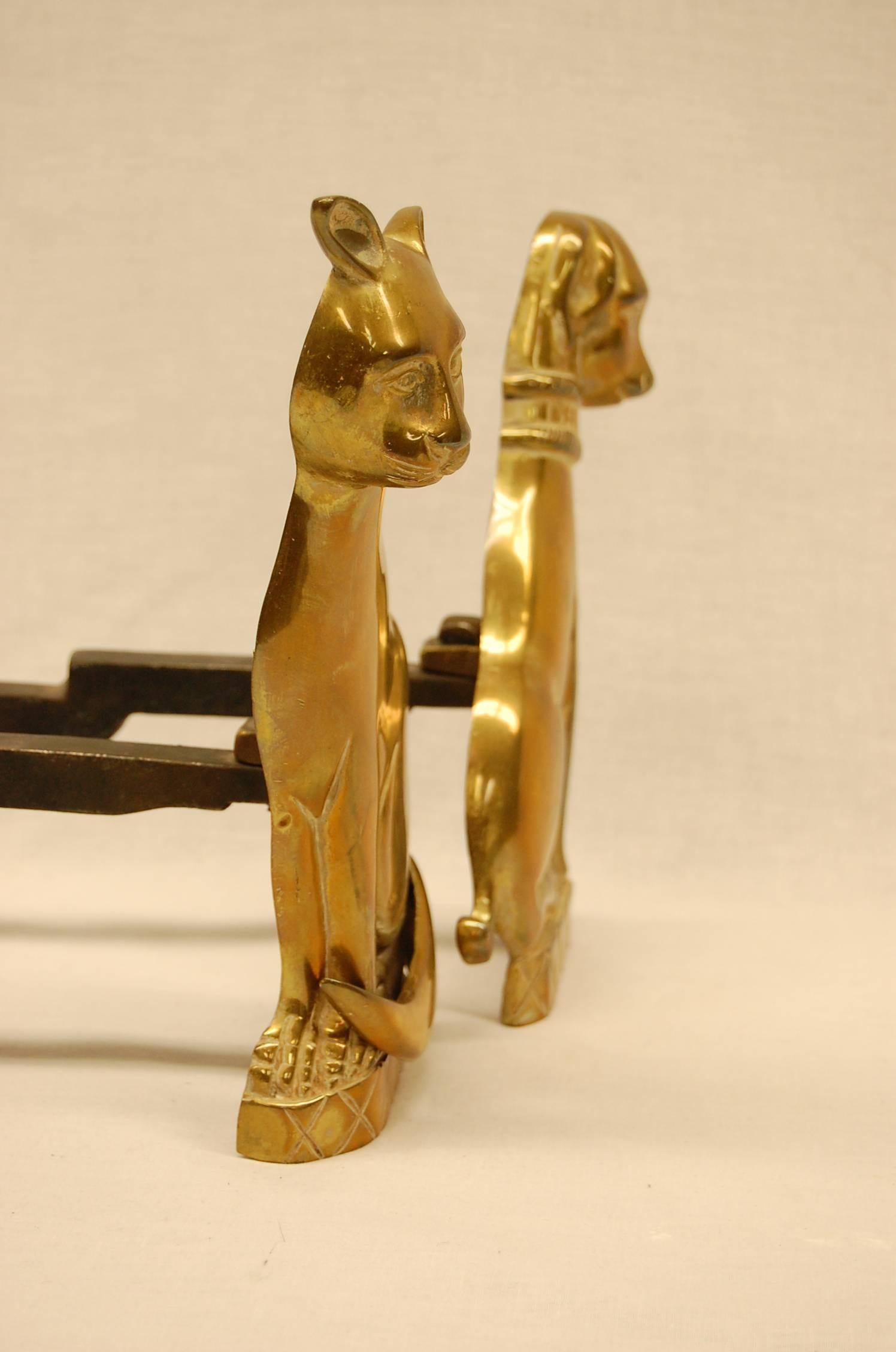 Unknown Pair of Solid Brass 19th Century Andirons in Cat and Dog Figures