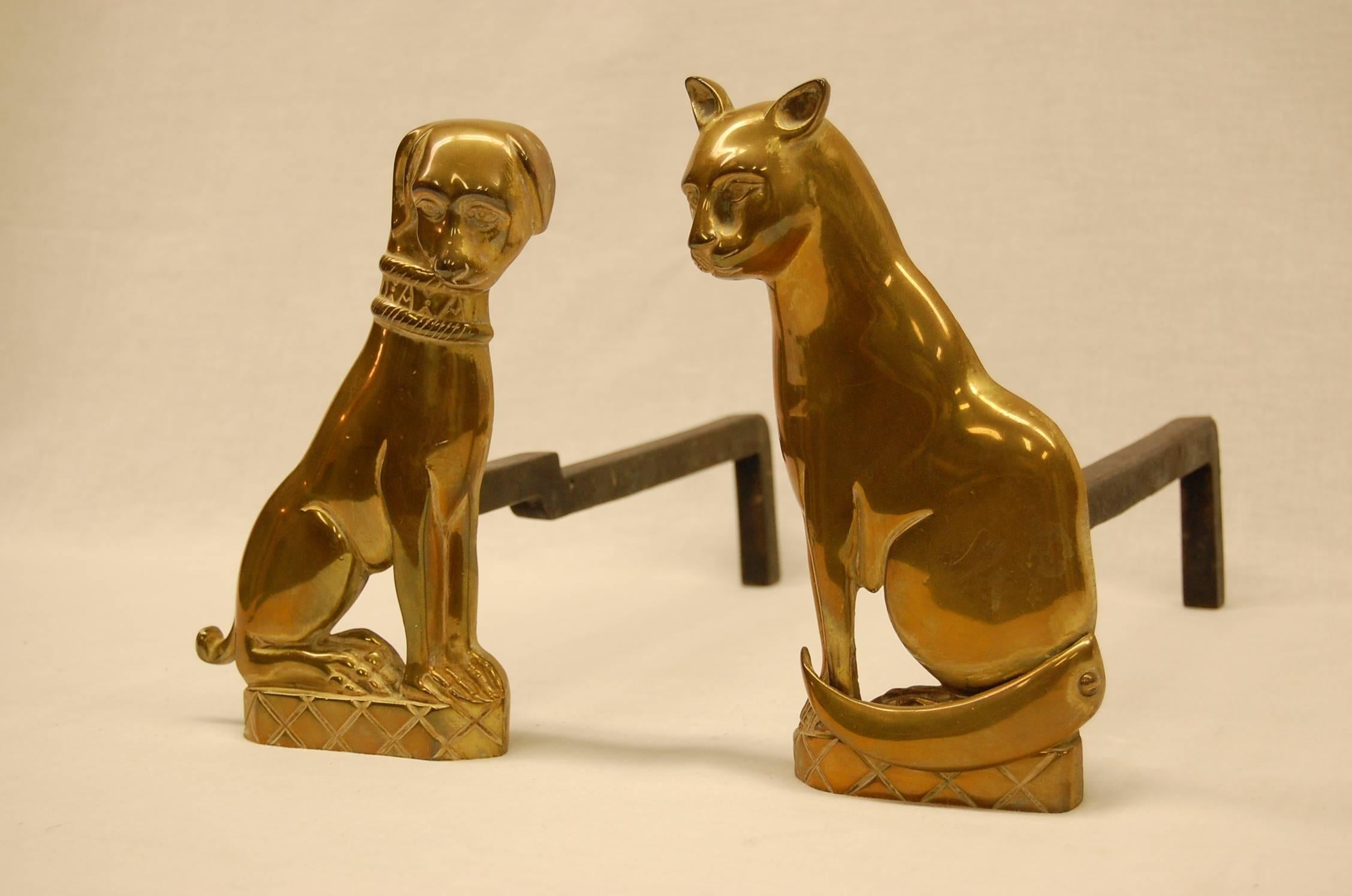Late Victorian Pair of Solid Brass 19th Century Andirons in Cat and Dog Figures
