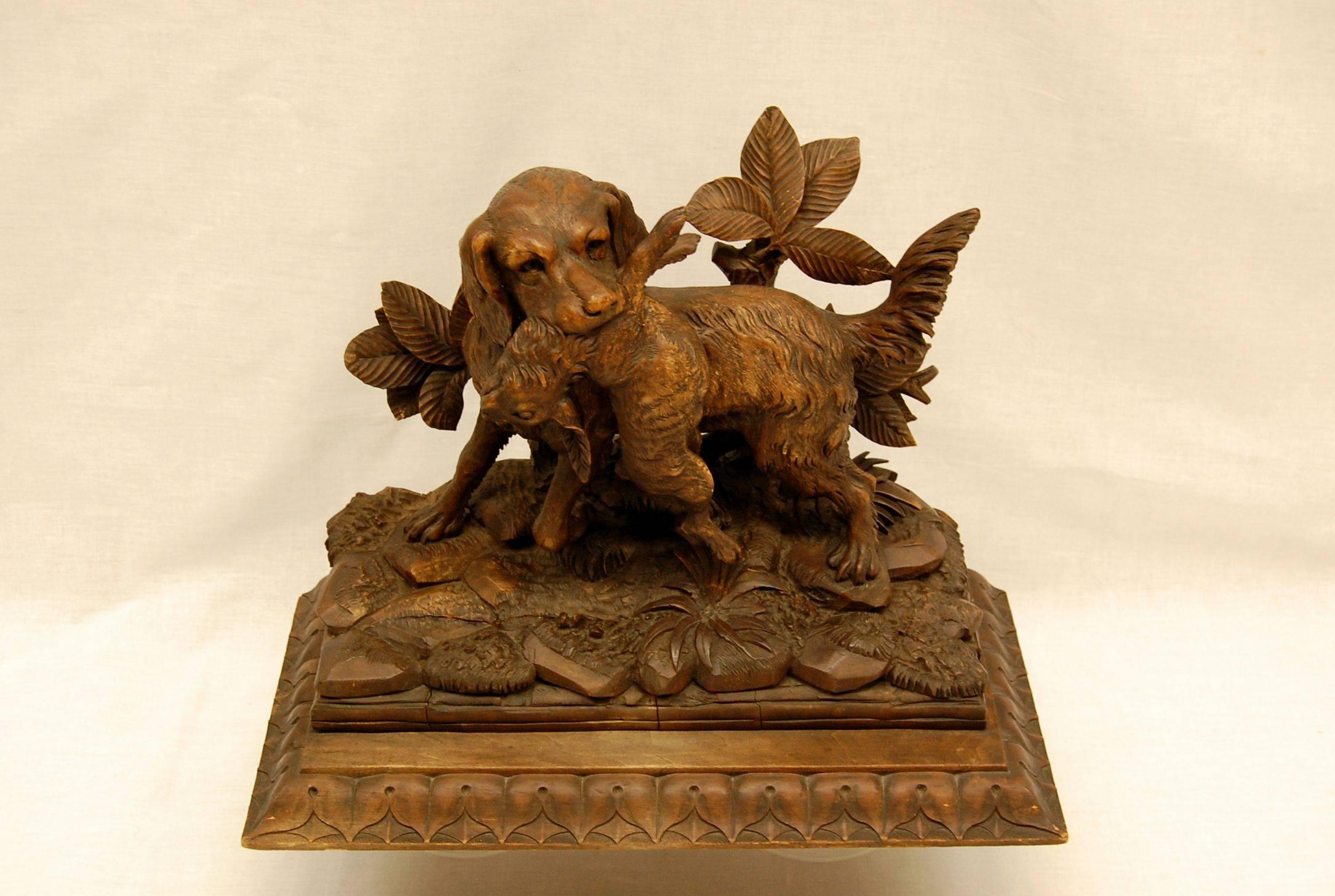 German Black Forest Carving of Hunting Dog with Rabbit For Sale