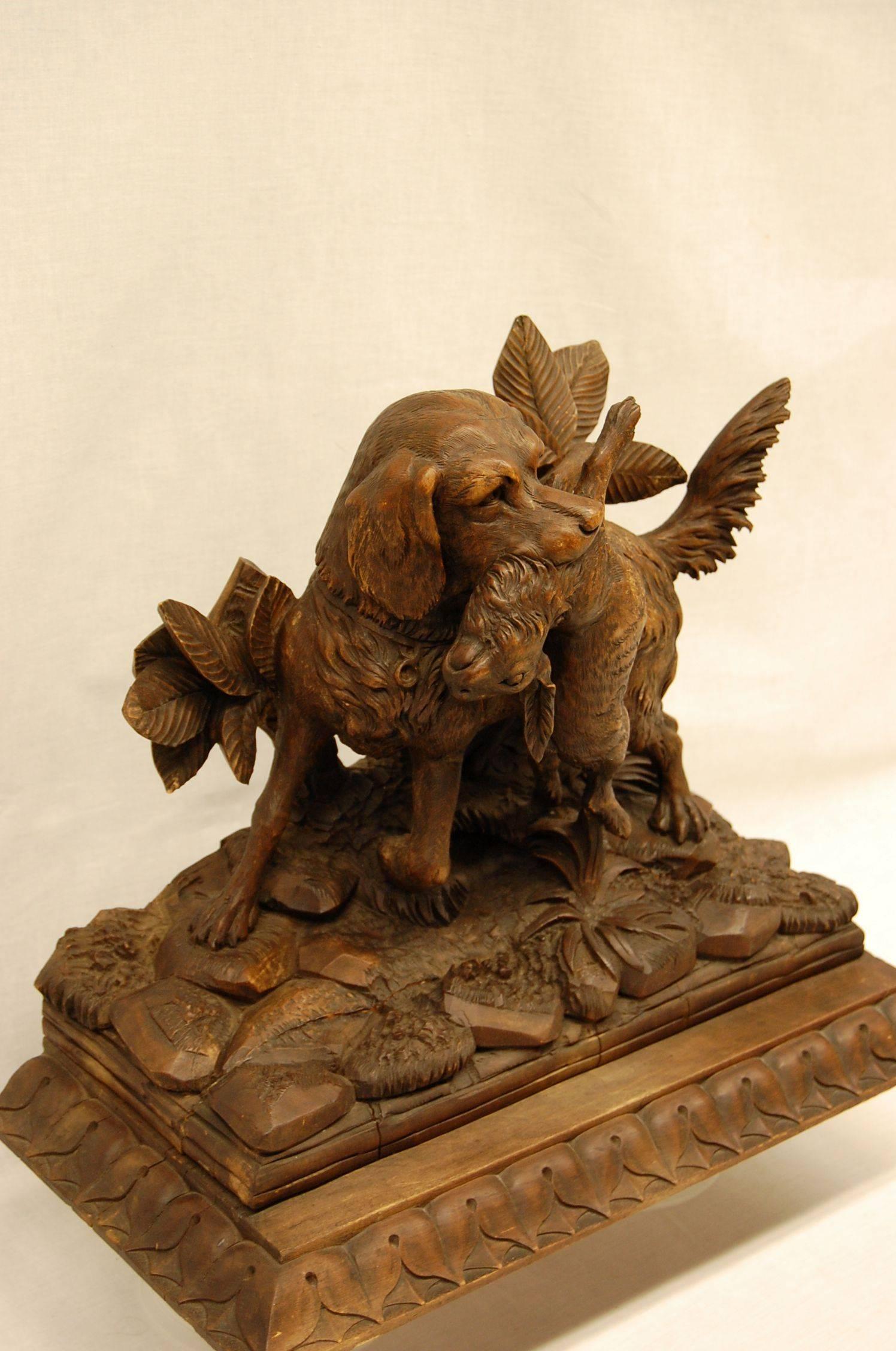 Hand-Carved Black Forest Carving of Hunting Dog with Rabbit For Sale