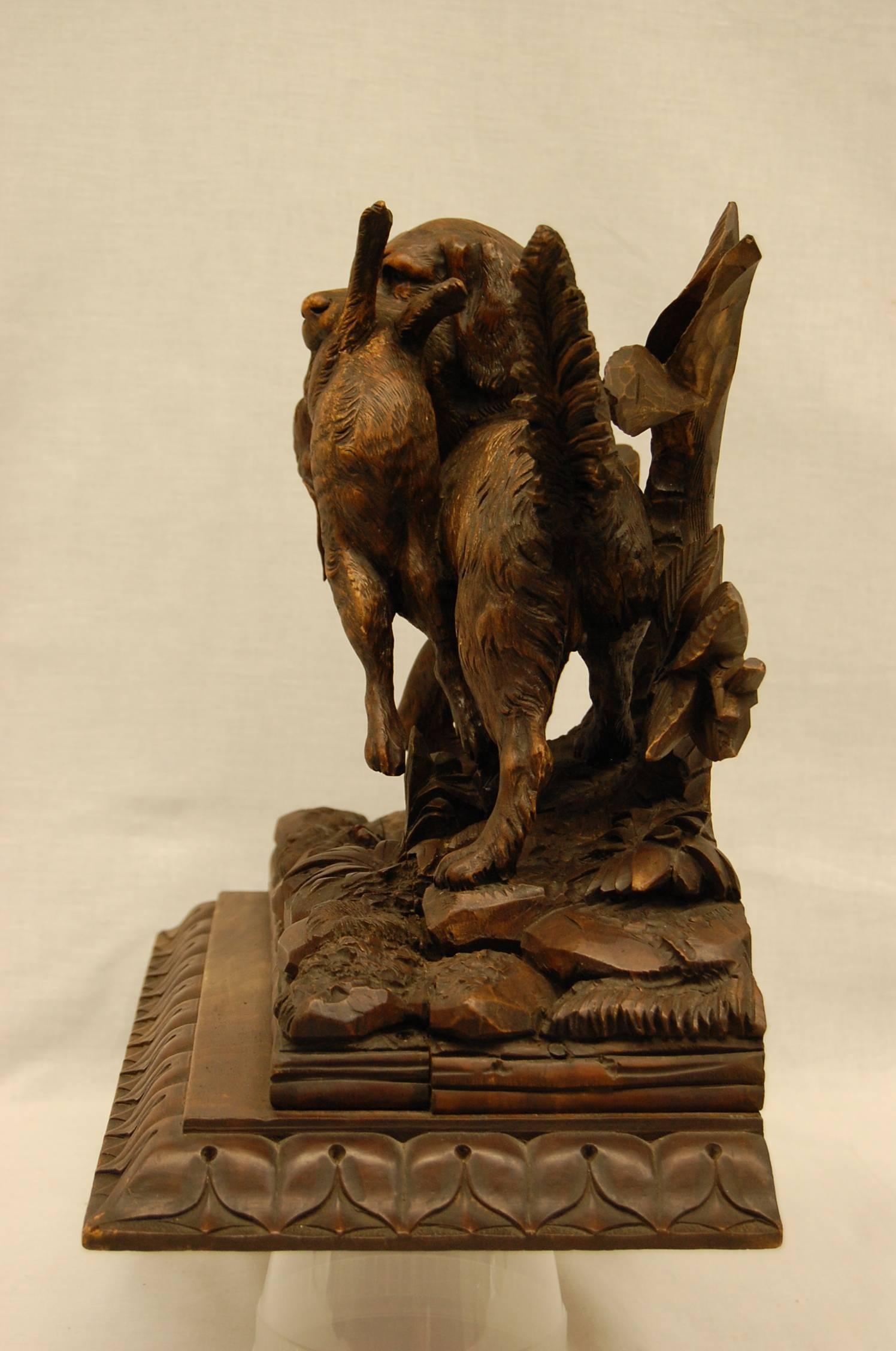19th Century Black Forest Carving of Hunting Dog with Rabbit For Sale