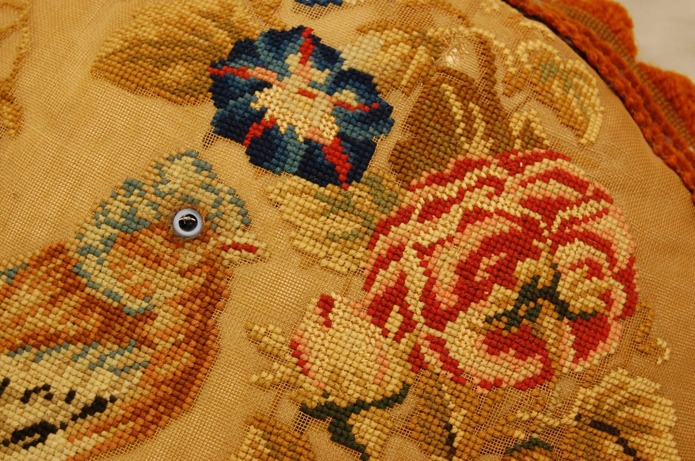 American Victorian Needlepoint of Bird and Flowers Mounted as a Pillow