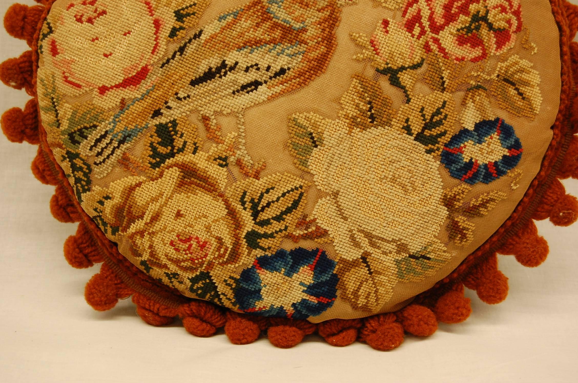 High Victorian Victorian Needlepoint of Bird and Flowers Mounted as a Pillow