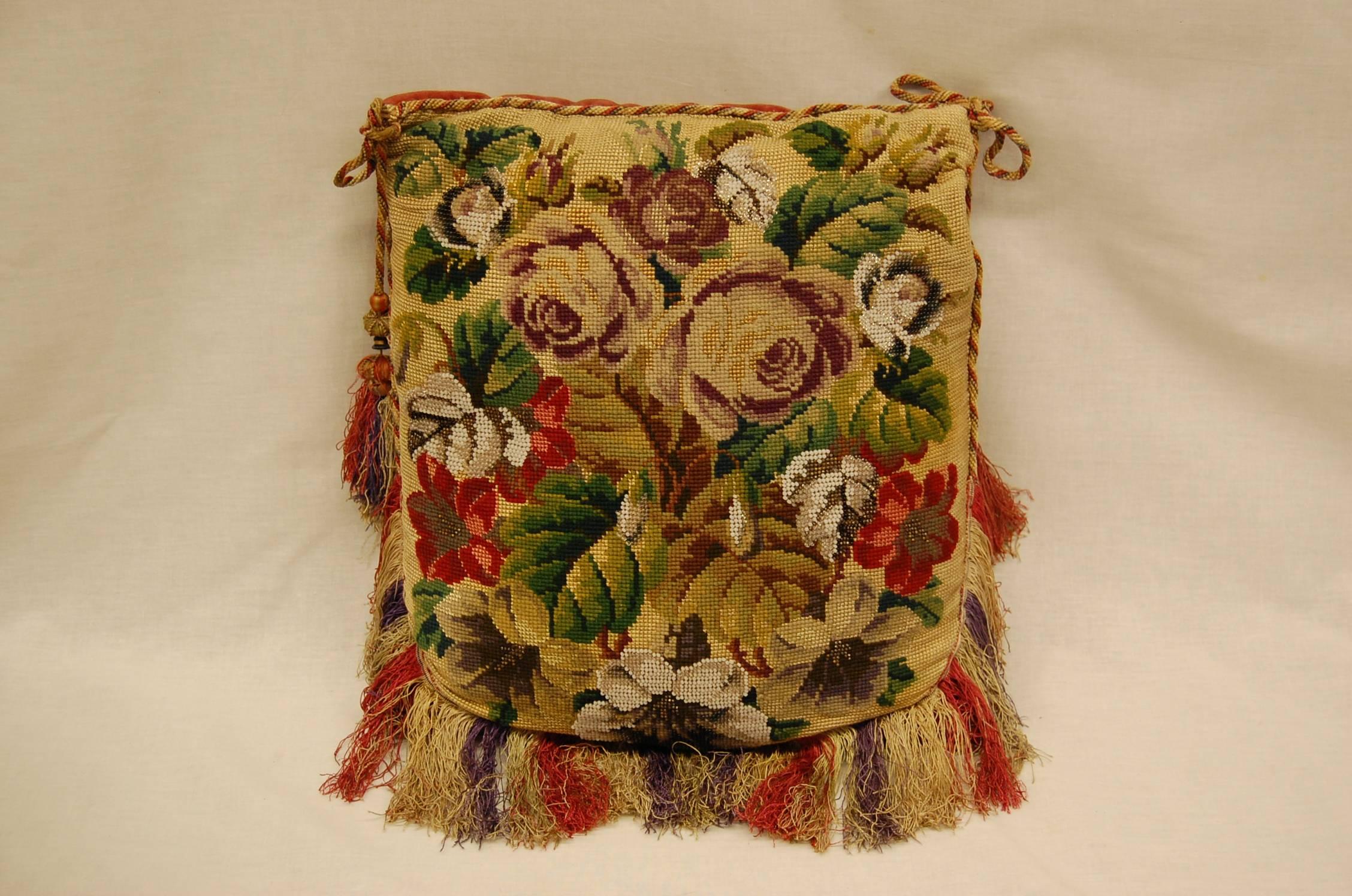 American 19th Century Victorian Needlepoint and Glass Beaded Panel on a Pillow For Sale