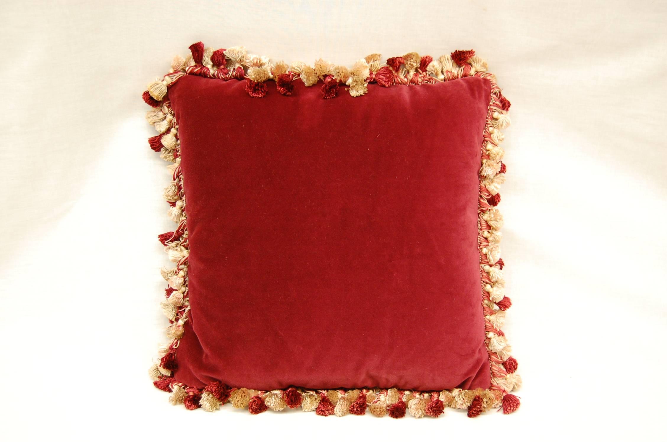 Unknown Early 20th Century Pillow with Needlepoint on Burgundy Velvet Backing
