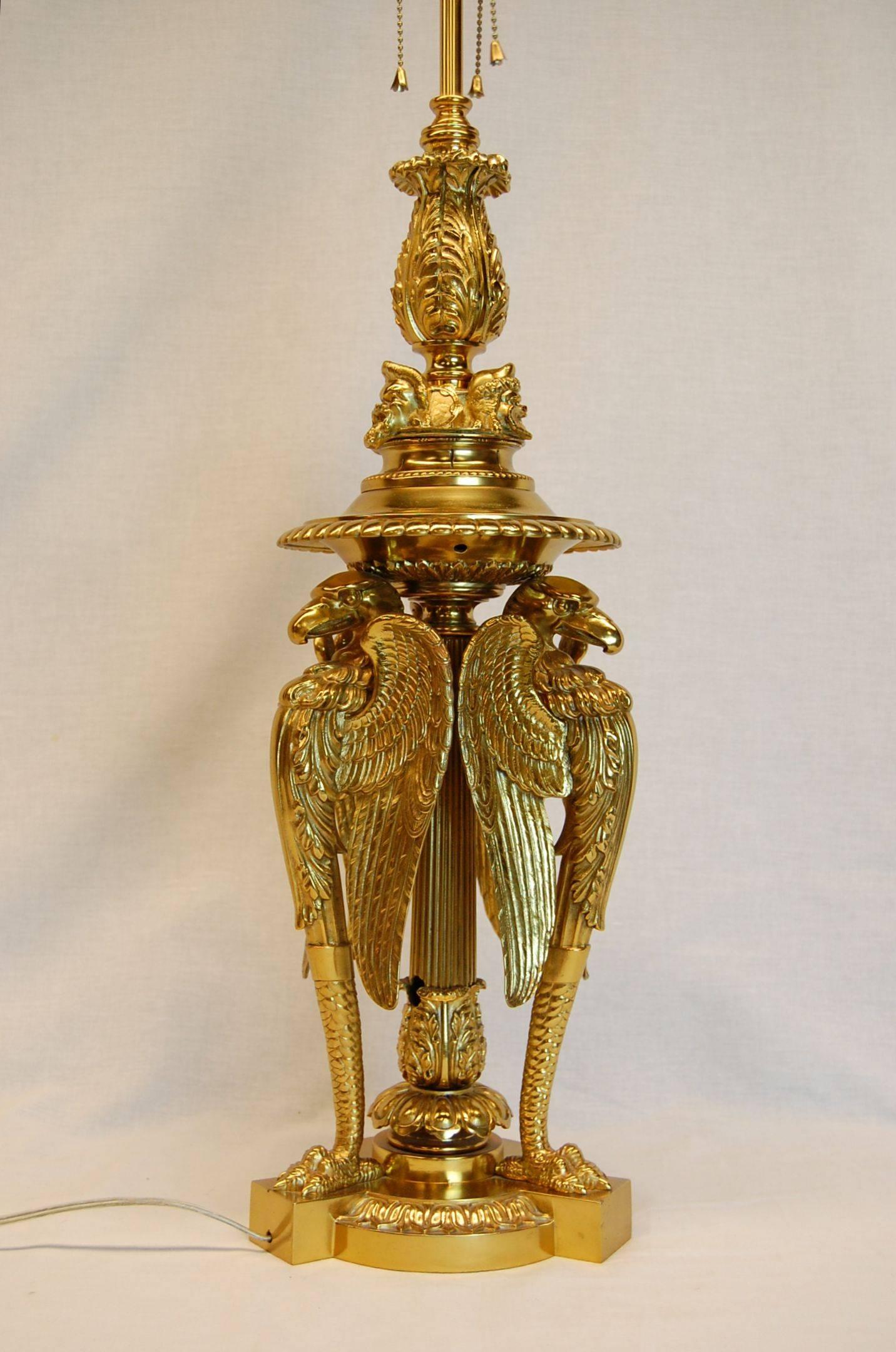 19th Century Large Gilt Brass Table Lamp Featuring Three Large Eagles For Sale