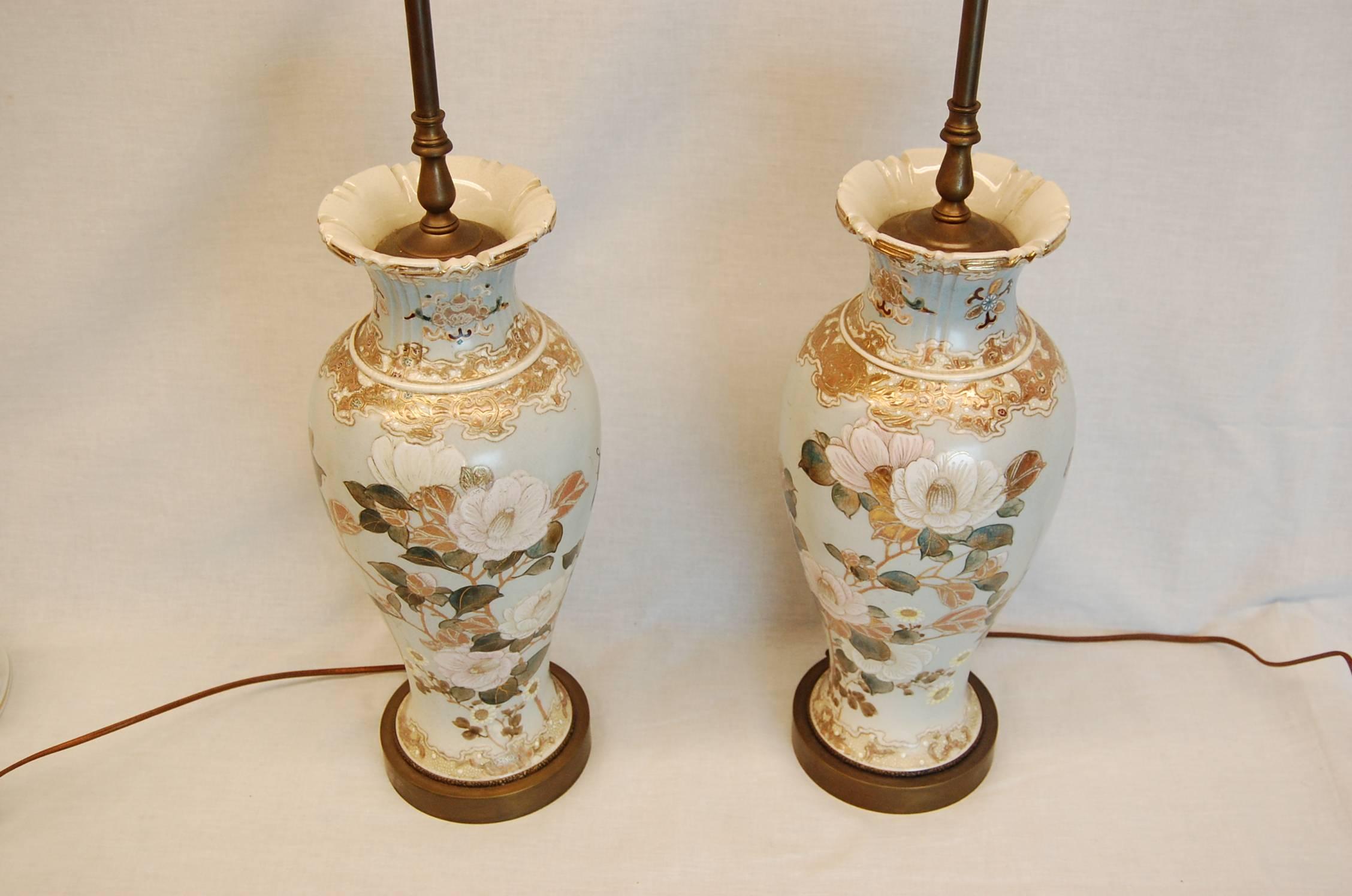 Unknown Pair of Floral & Gold Decorated Porcelain Vases Wired as Lamps For Sale