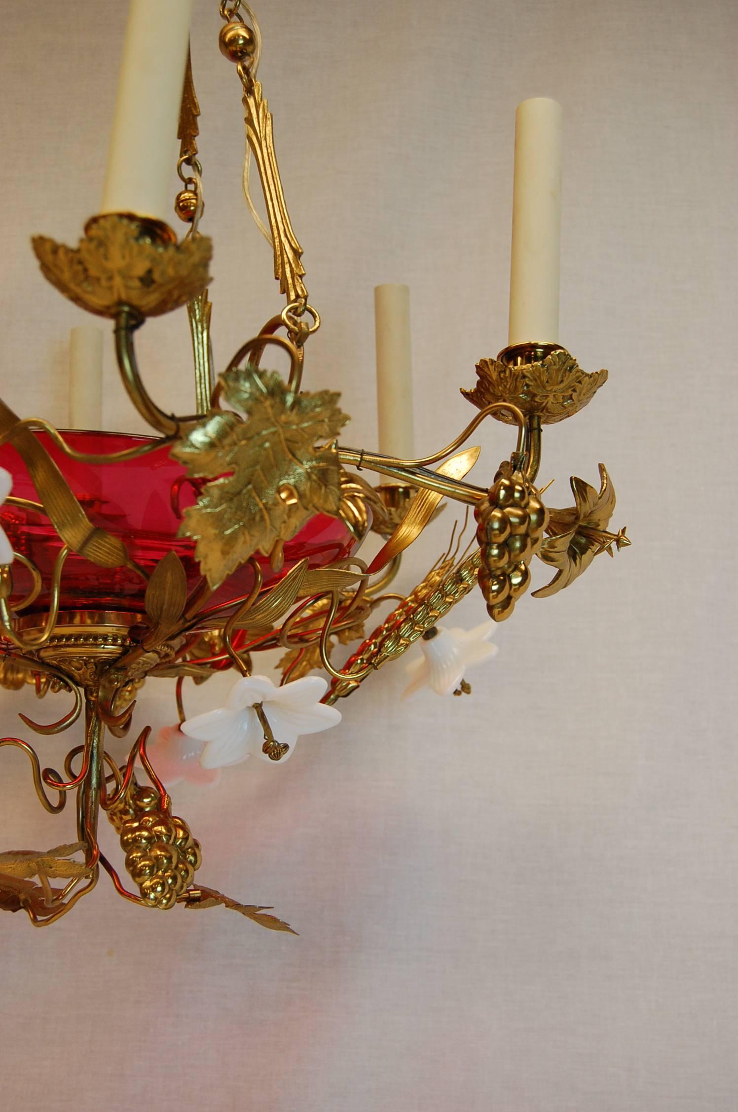 French Chandelier w/ Glass Lilies & Stamped Brass Decorations, Mid 19th Century For Sale 2