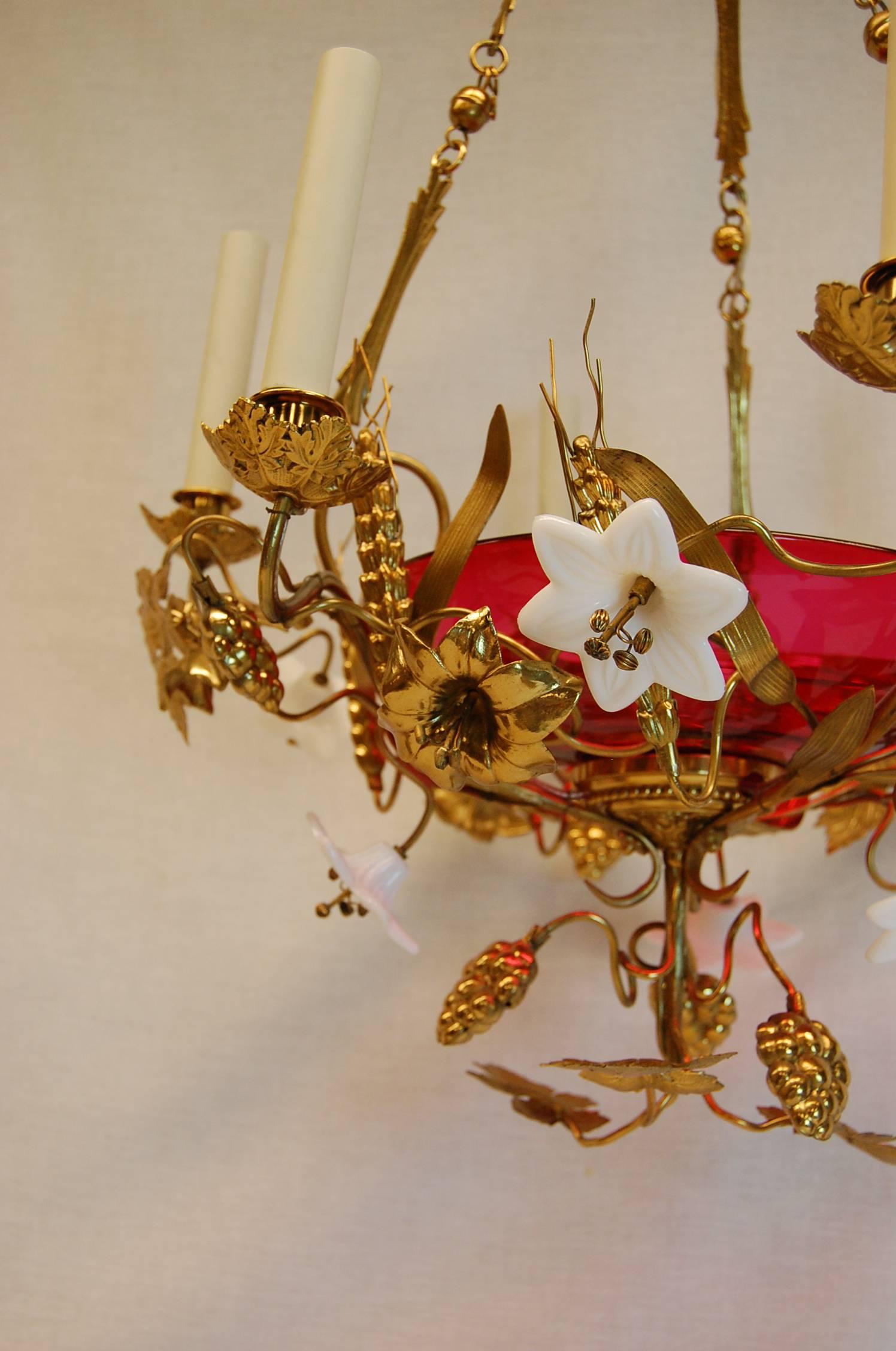 French Chandelier w/ Glass Lilies & Stamped Brass Decorations, Mid 19th Century For Sale 1