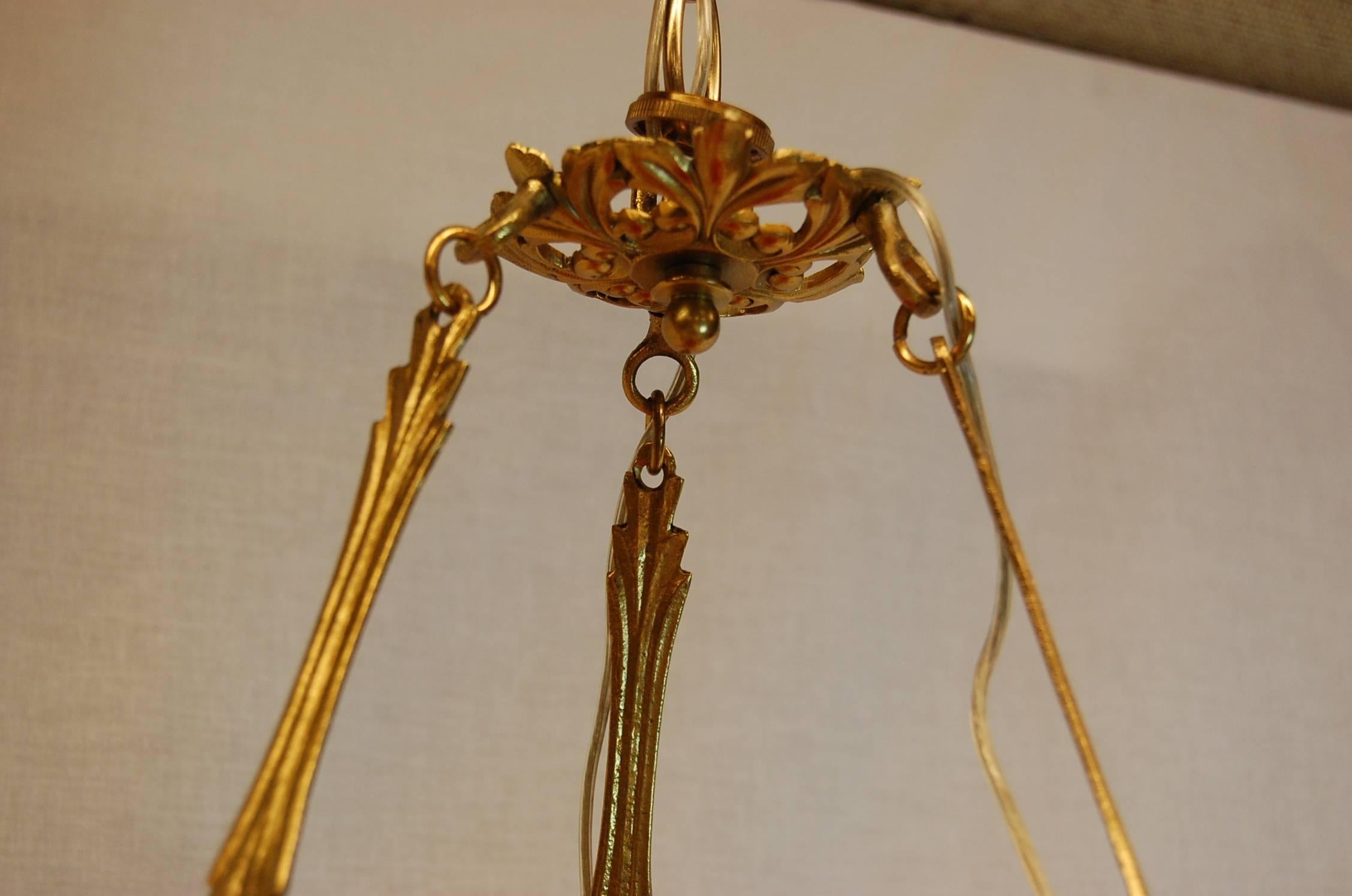 French Chandelier w/ Glass Lilies & Stamped Brass Decorations, Mid 19th Century For Sale 3