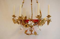 French Chandelier w/ Glass Lilies & Stamped Brass Decorations, Mid 19th Century