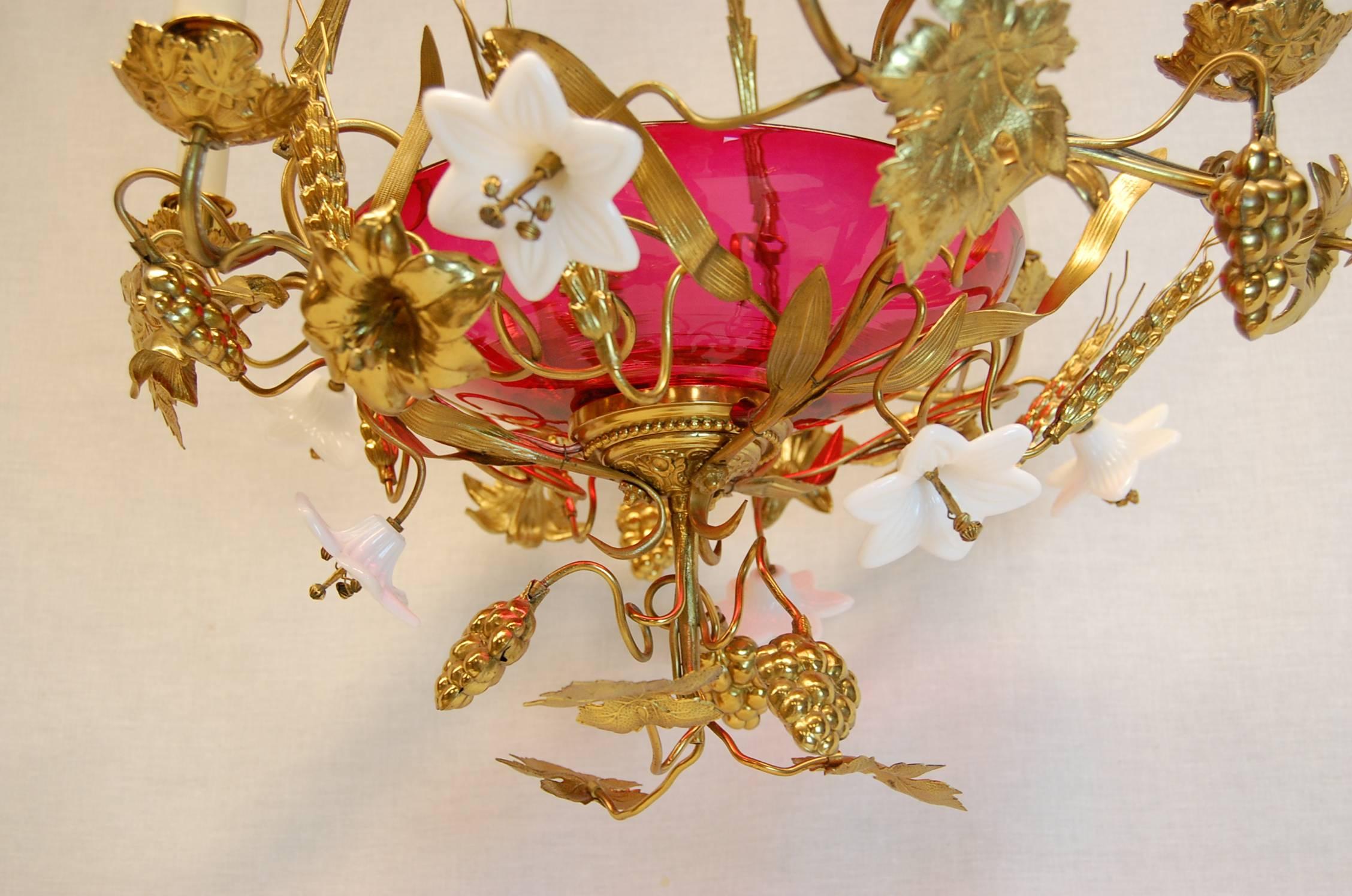 Victorian French Chandelier w/ Glass Lilies & Stamped Brass Decorations, Mid 19th Century For Sale