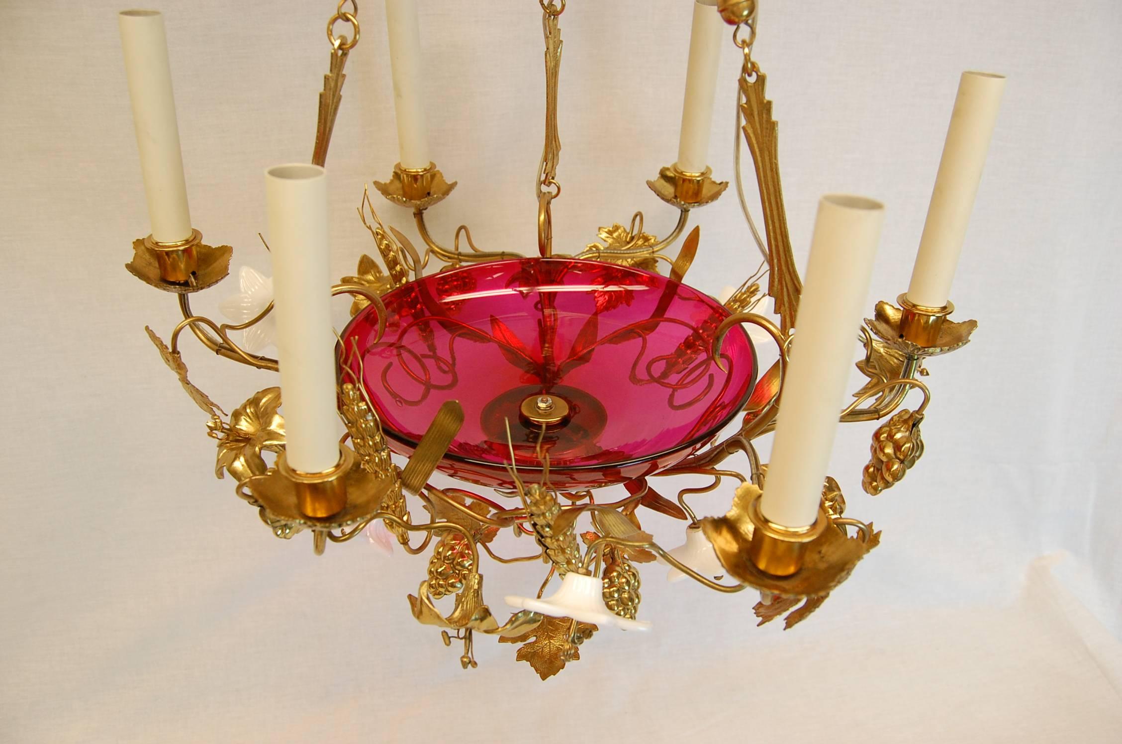 French Chandelier w/ Glass Lilies & Stamped Brass Decorations, Mid 19th Century In Excellent Condition For Sale In Pittsburgh, PA