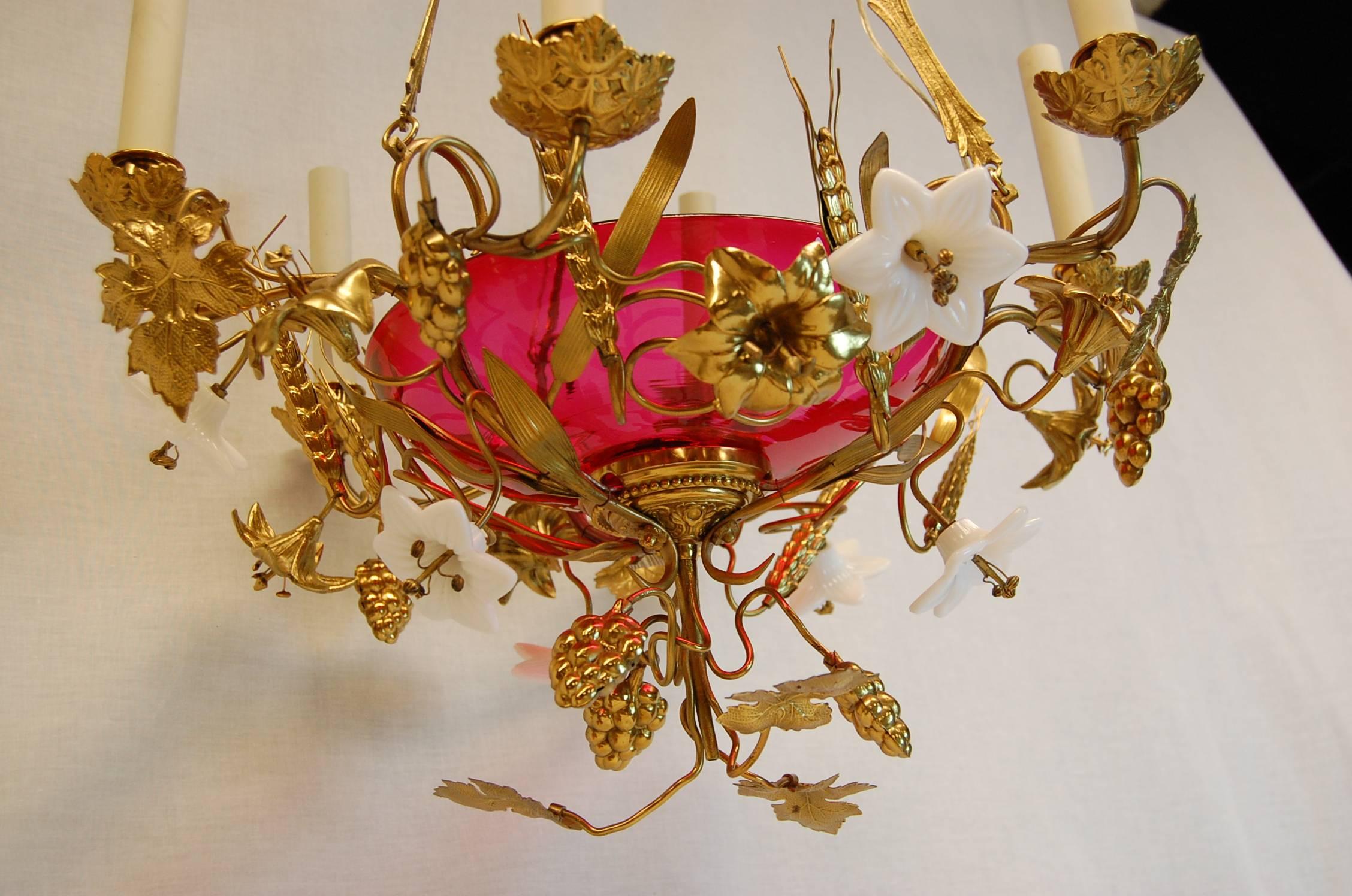 Mid-19th Century French Chandelier w/ Glass Lilies & Stamped Brass Decorations, Mid 19th Century For Sale